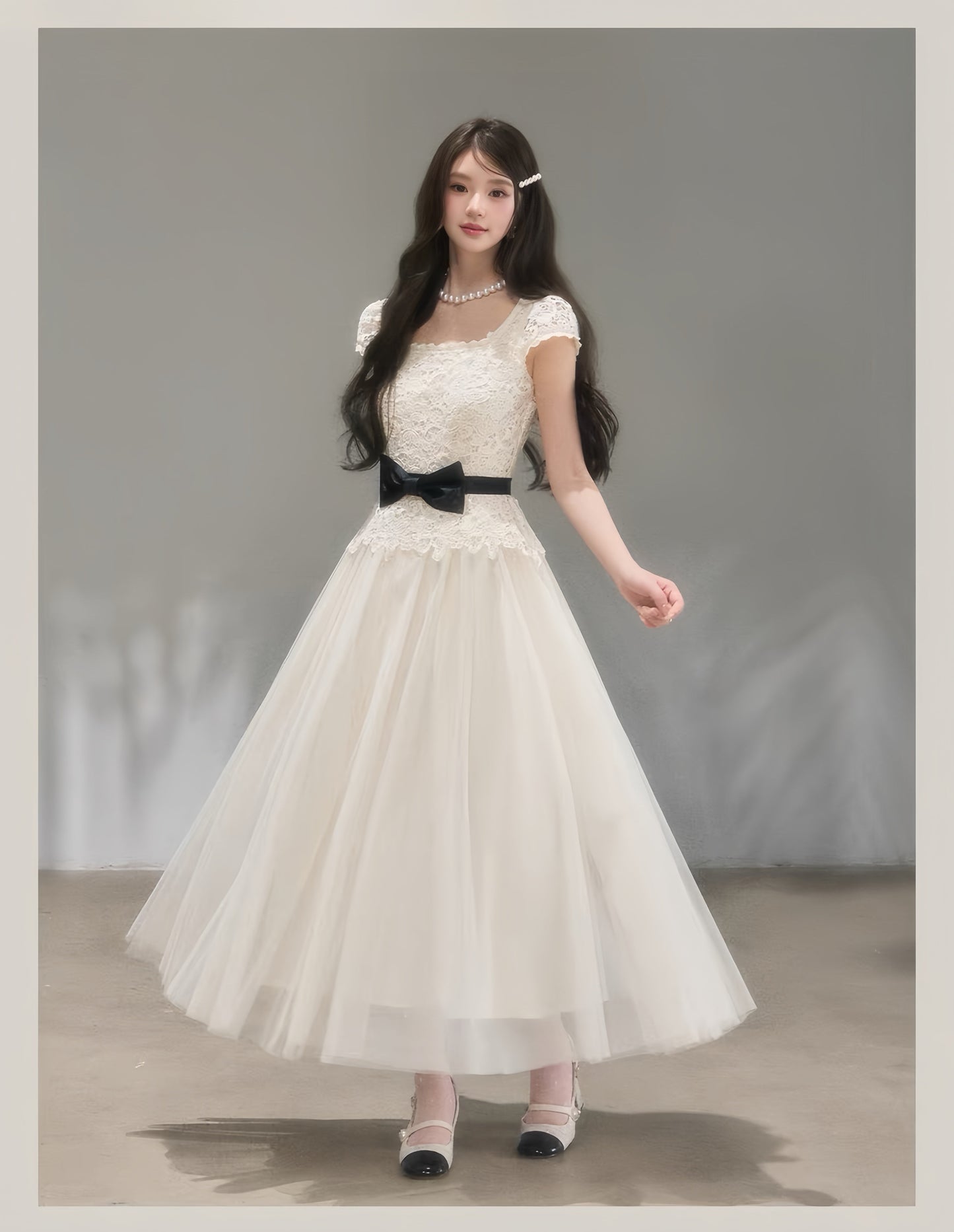 【dress】リボンレースドッキングロングワンピース　K0621