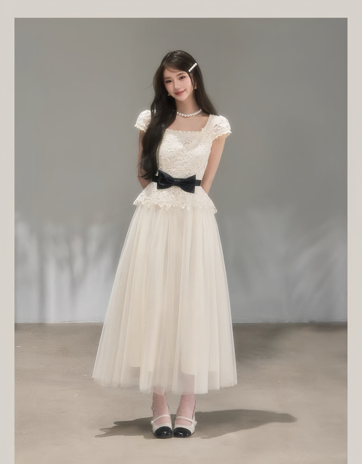 【dress】リボンレースドッキングロングワンピース　K0621
