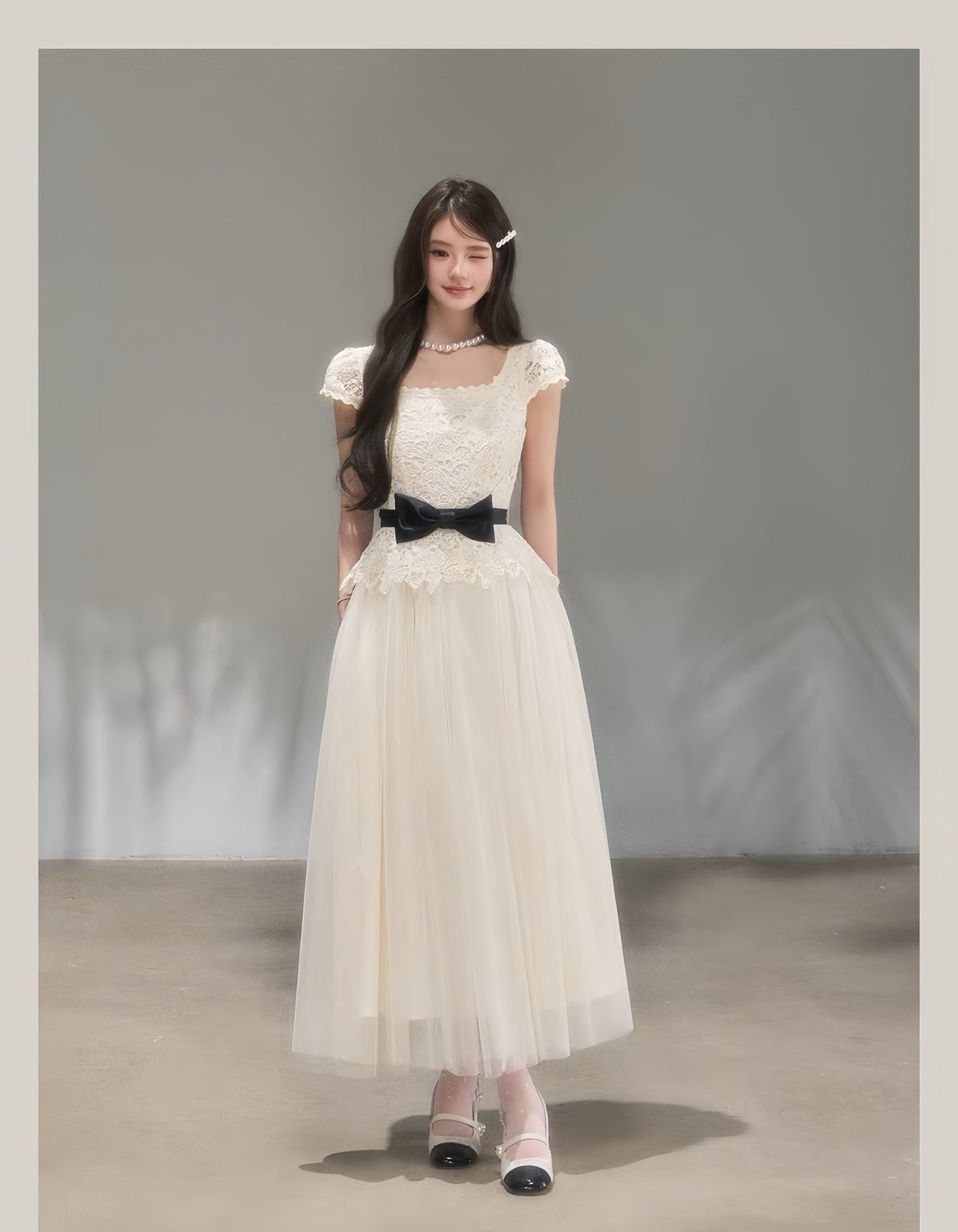 【dress】リボンレースドッキングロングワンピース　K0621