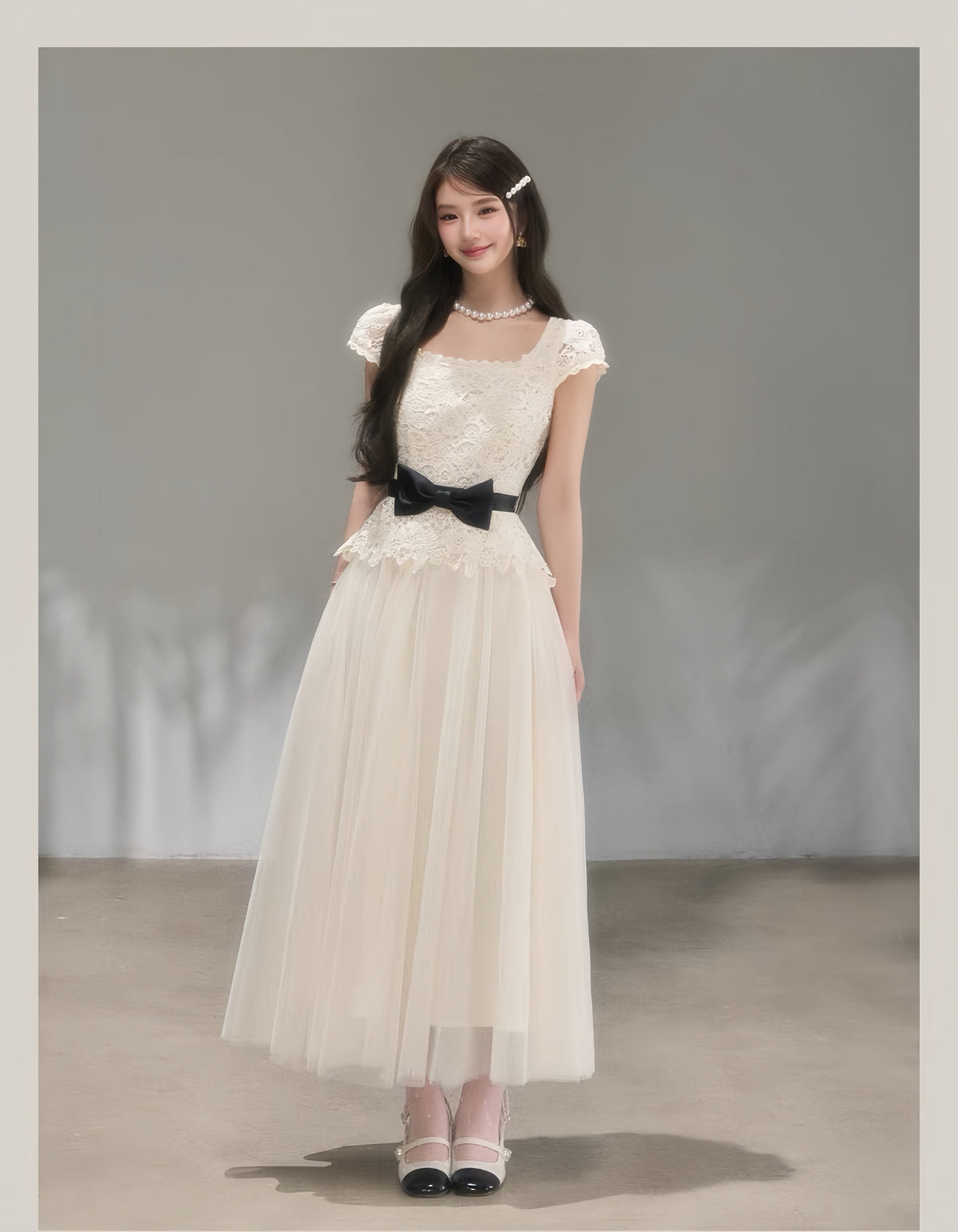 【dress】リボンレースドッキングロングワンピース　K0621