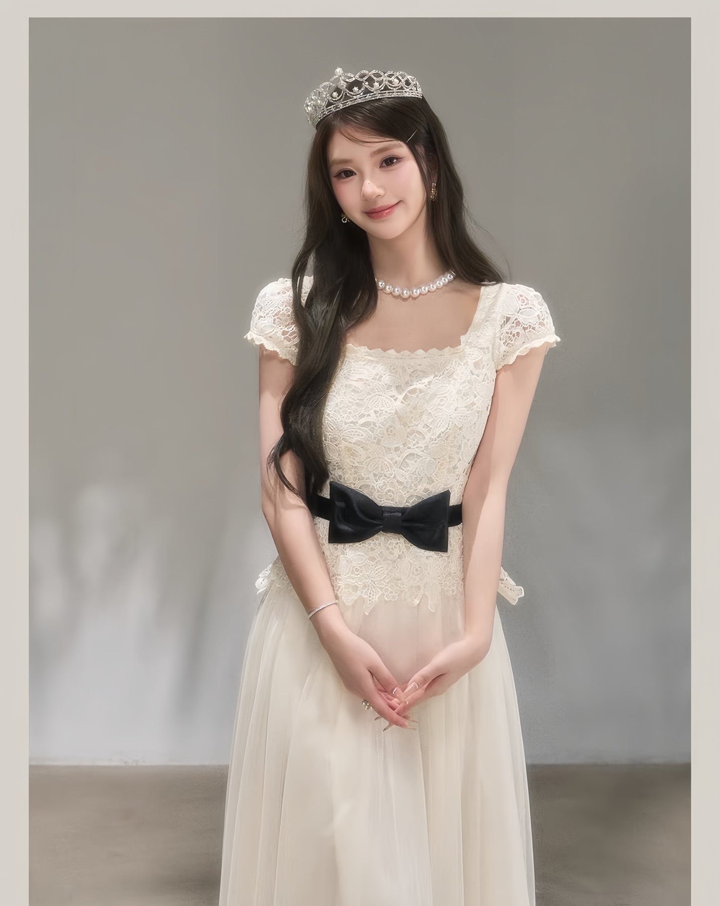 【dress】リボンレースドッキングロングワンピース　K0621