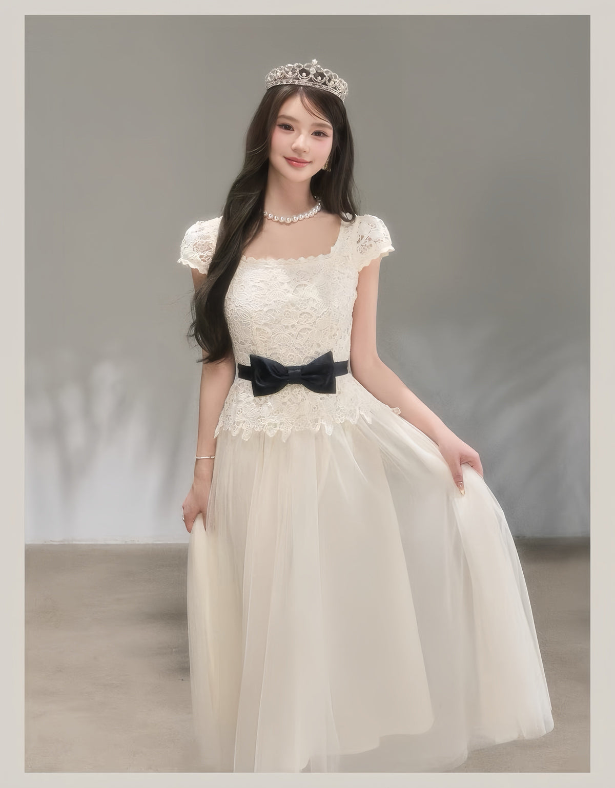 【dress】リボンレースドッキングロングワンピース　K0621
