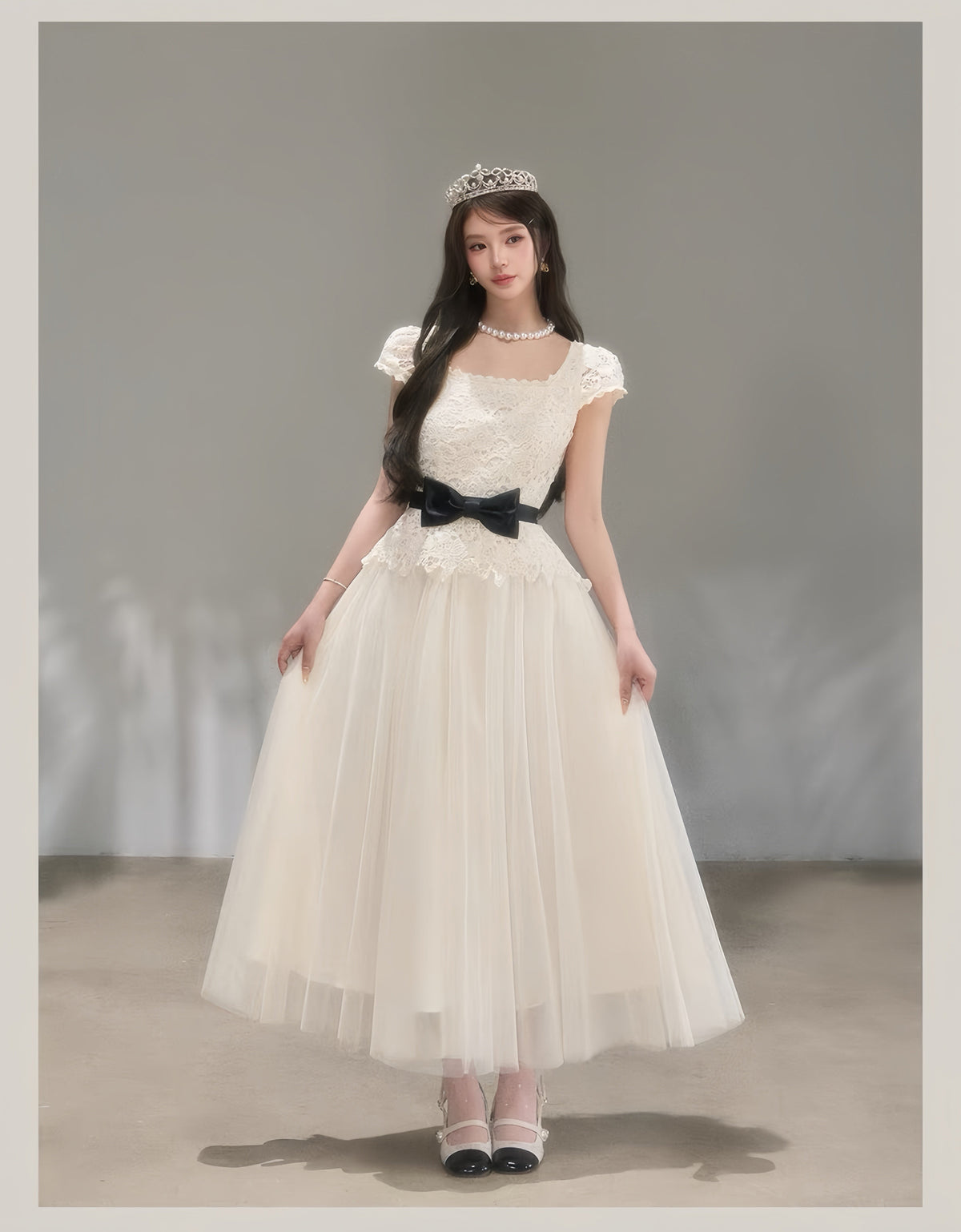 【dress】リボンレースドッキングロングワンピース　K0621