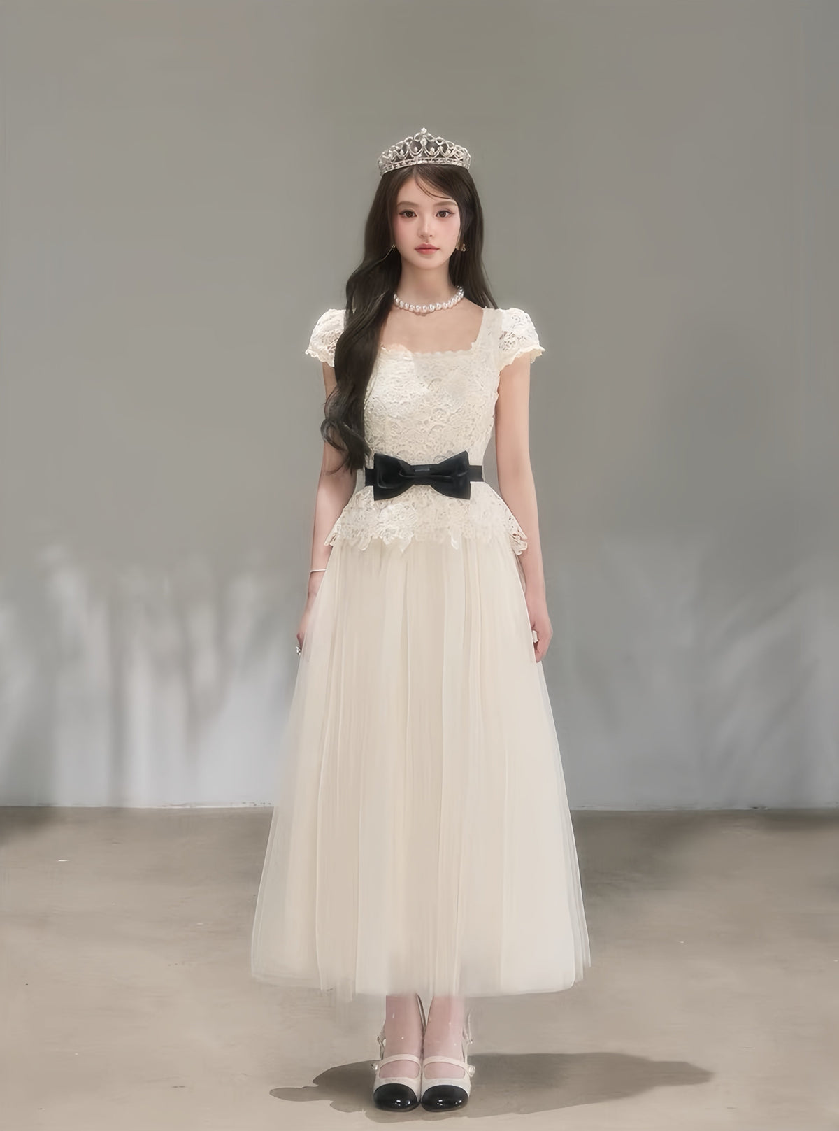 【dress】リボンレースドッキングロングワンピース　K0621