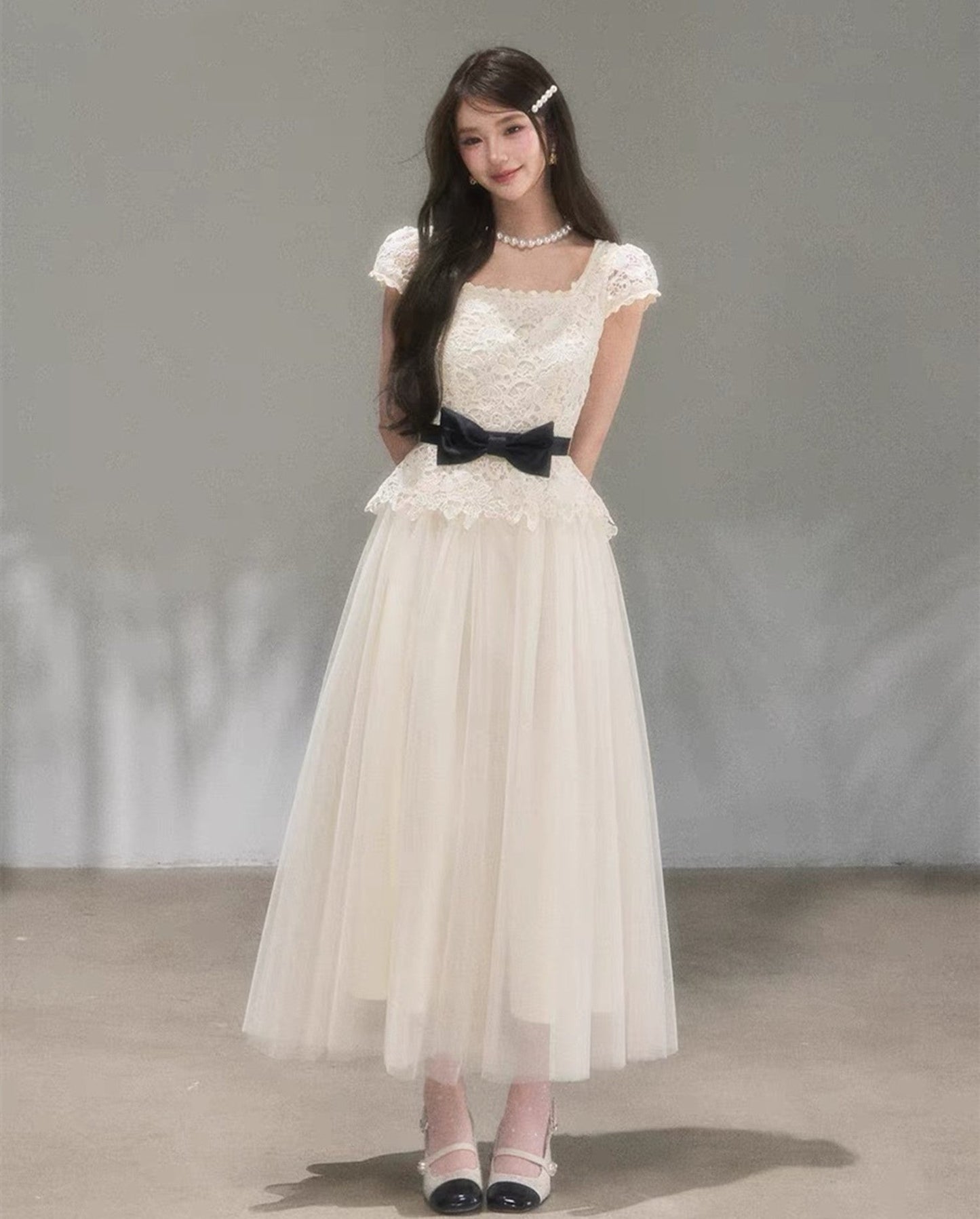 【dress】リボンレースドッキングロングワンピース　K0621