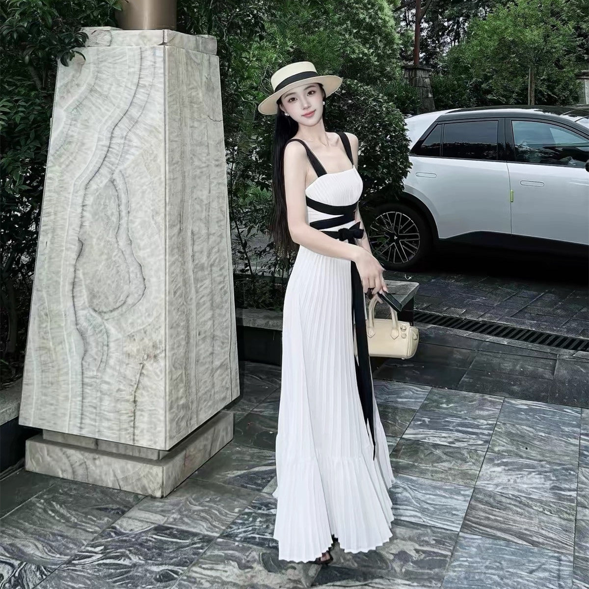 【dress】リボンプリーツロングワンピース　N3712
