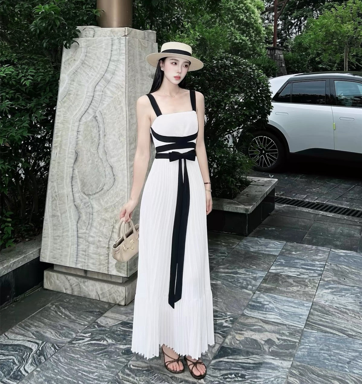 【dress】リボンプリーツロングワンピース　N3712