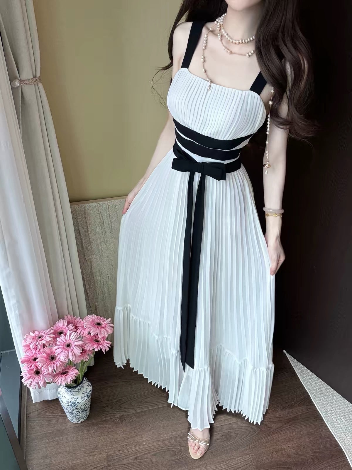 【dress】リボンプリーツロングワンピース　N3712