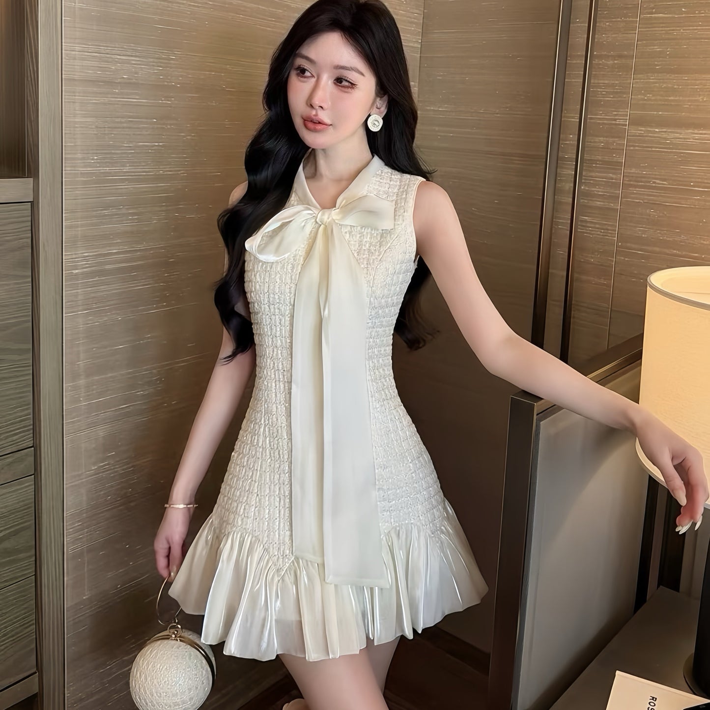 【dress】リボンドッキングツイードミニワンピース　N3716