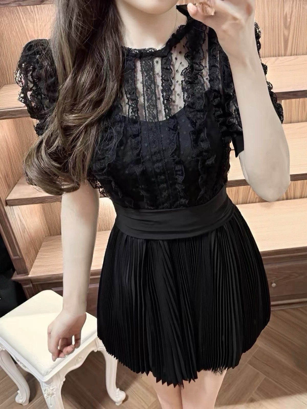 【dress】レースドッキングプリーツミニワンピース  N3717