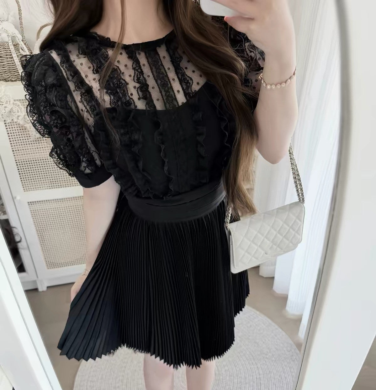 【dress】レースドッキングプリーツミニワンピース  N3717