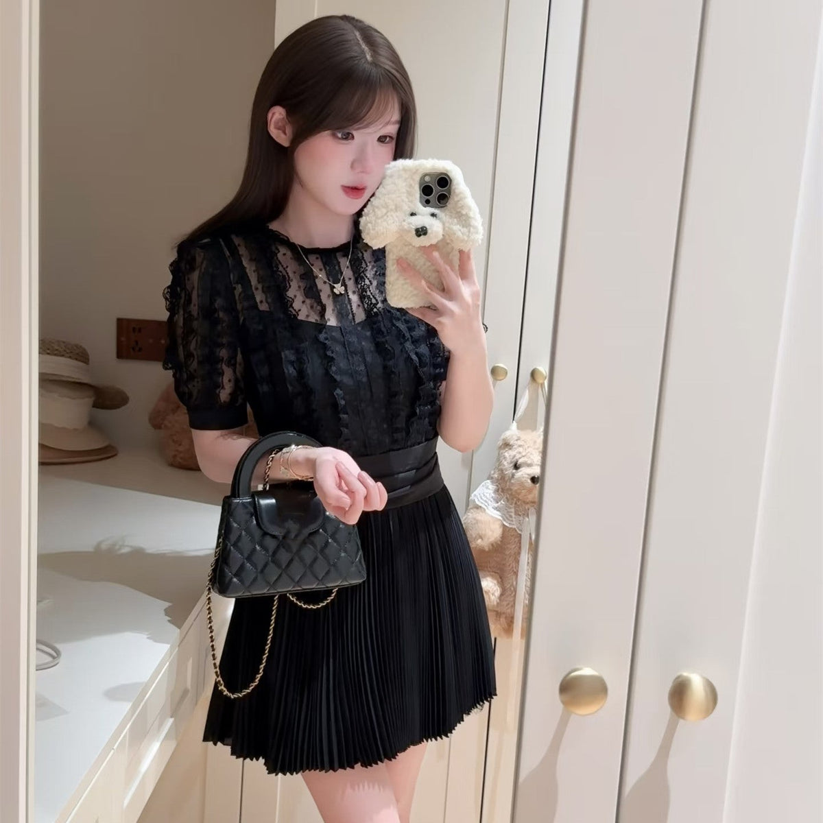 【dress】レースドッキングプリーツミニワンピース  N3717