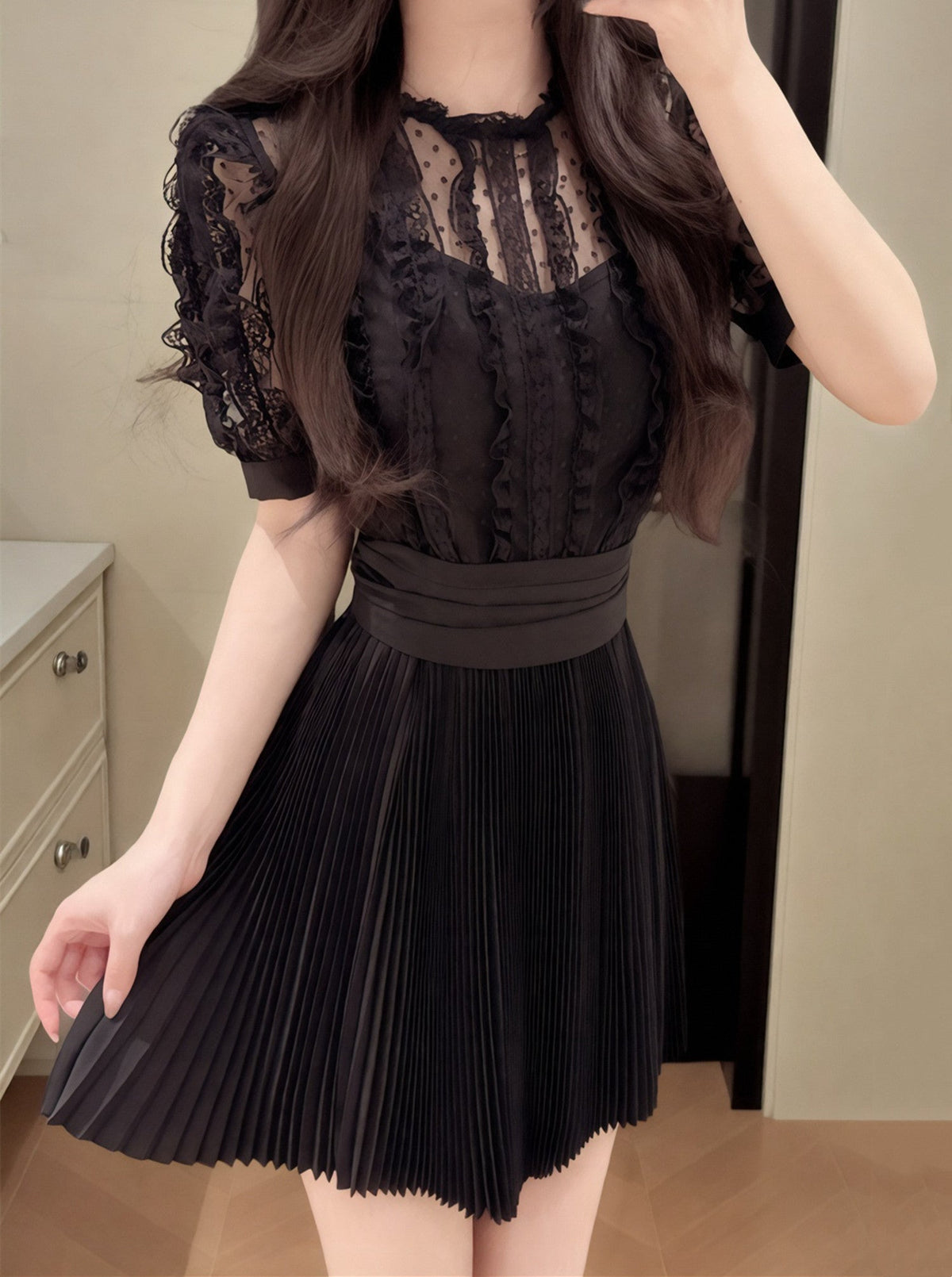 【dress】レースドッキングプリーツミニワンピース  N3717