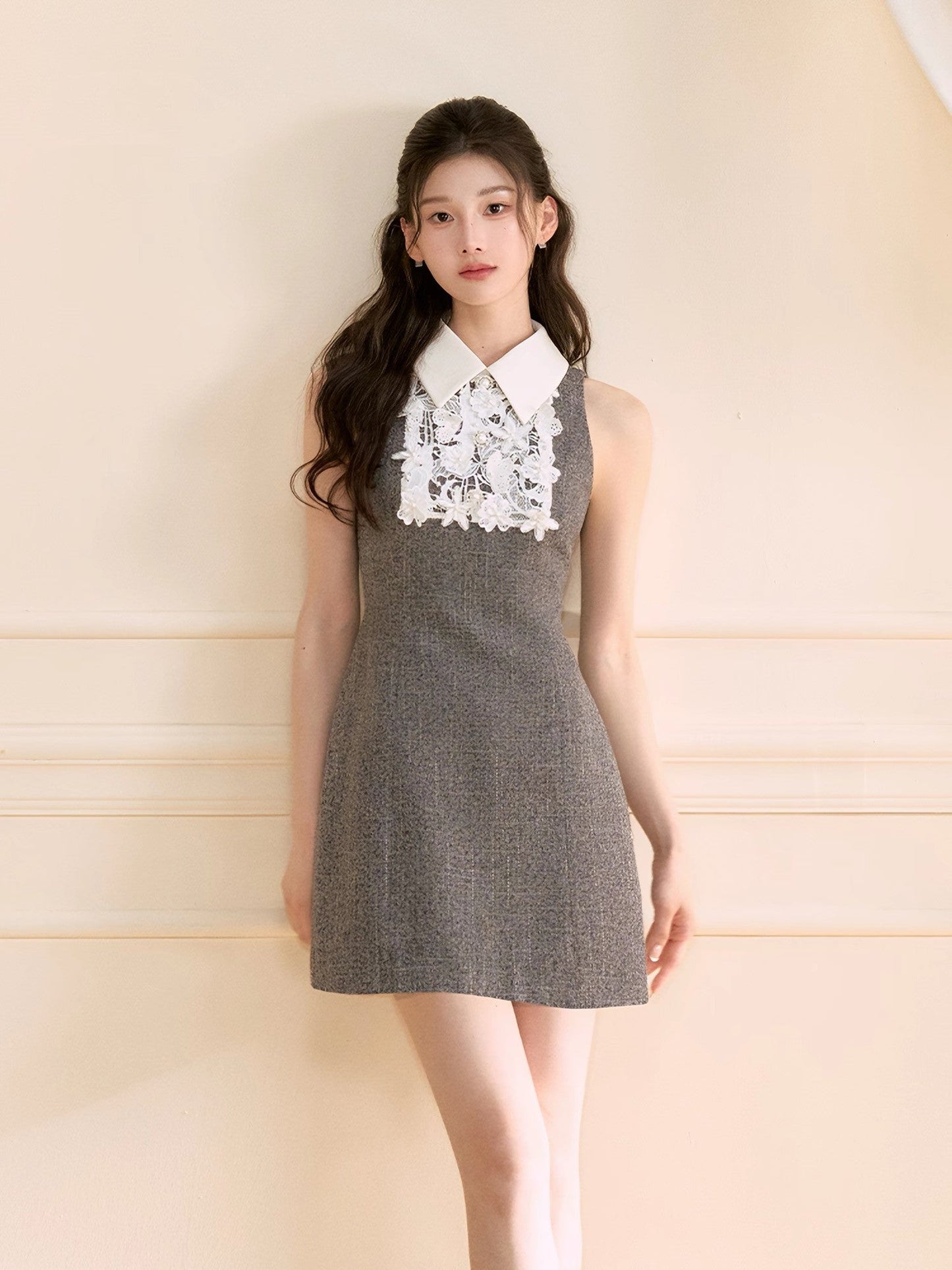【dress】レースドッキングツイードミニワンピース  N3722