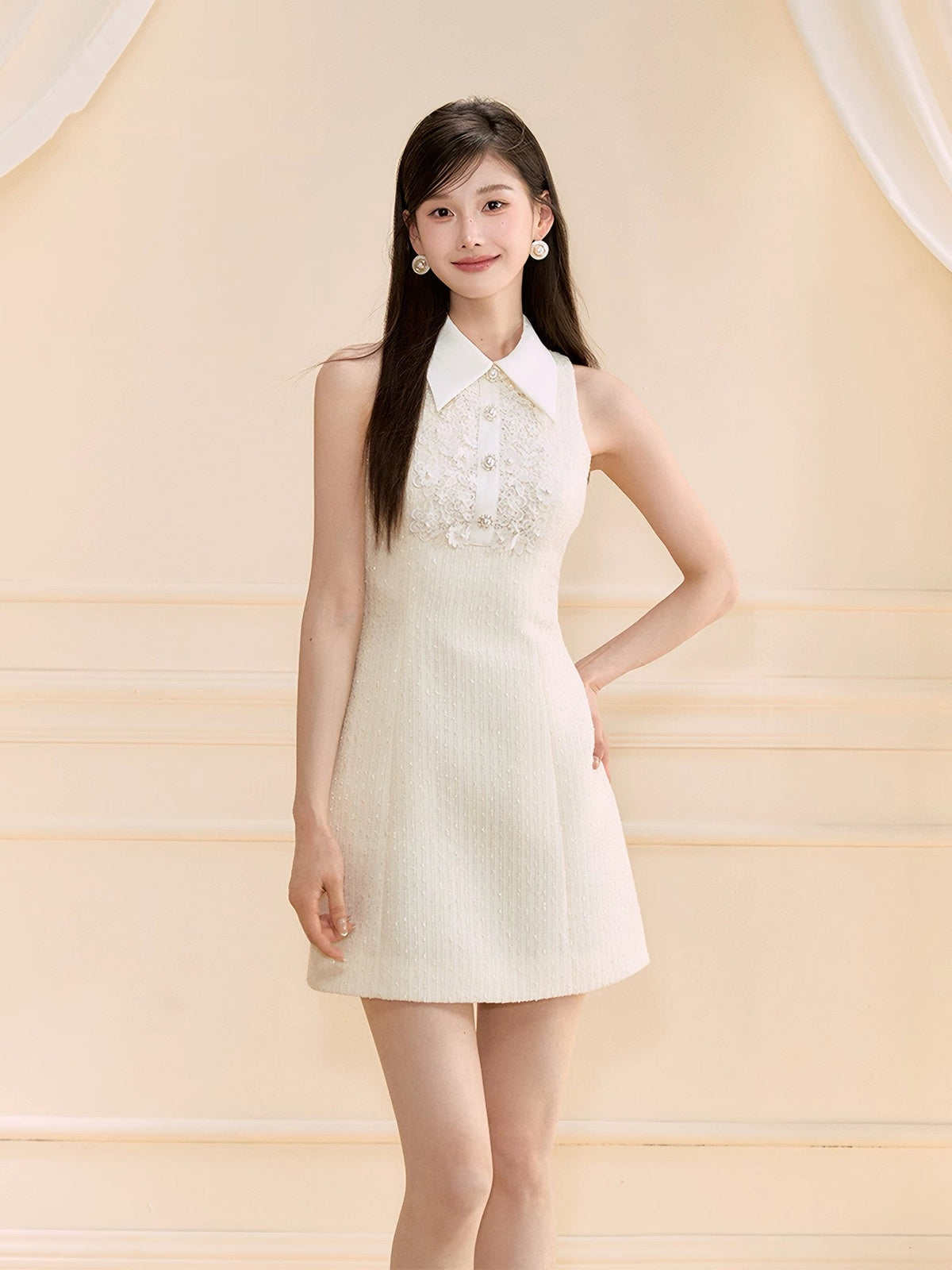 【dress】レースドッキングツイードミニワンピース  N3722
