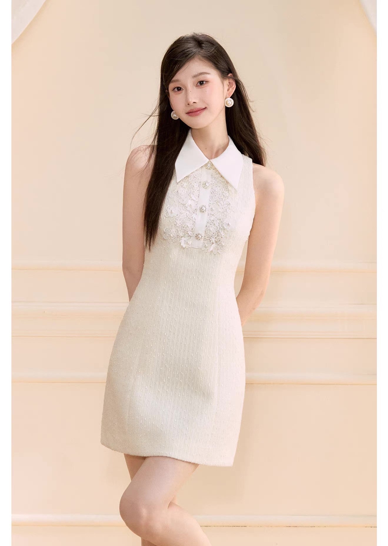 【dress】レースドッキングツイードミニワンピース  N3722