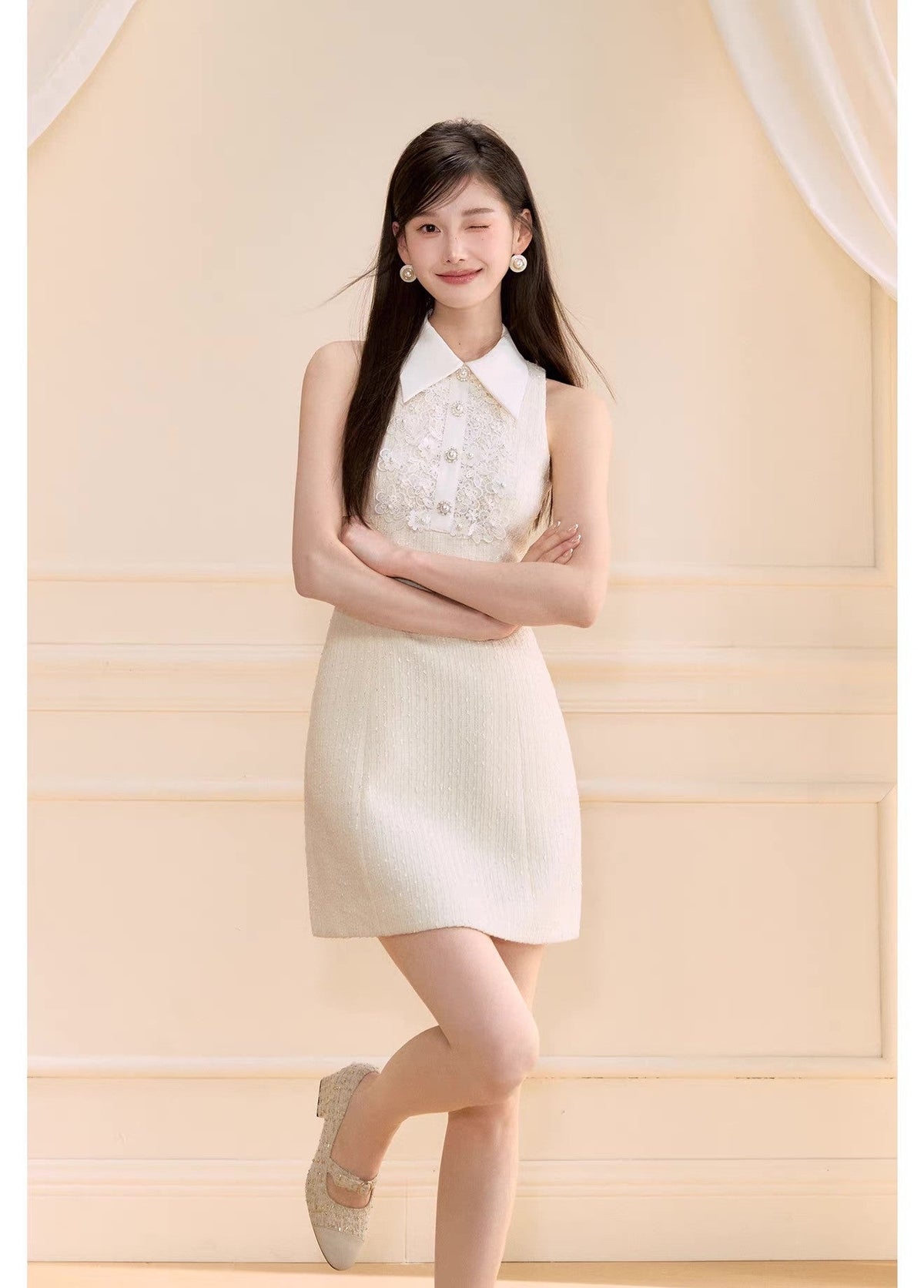 【dress】レースドッキングツイードミニワンピース  N3722