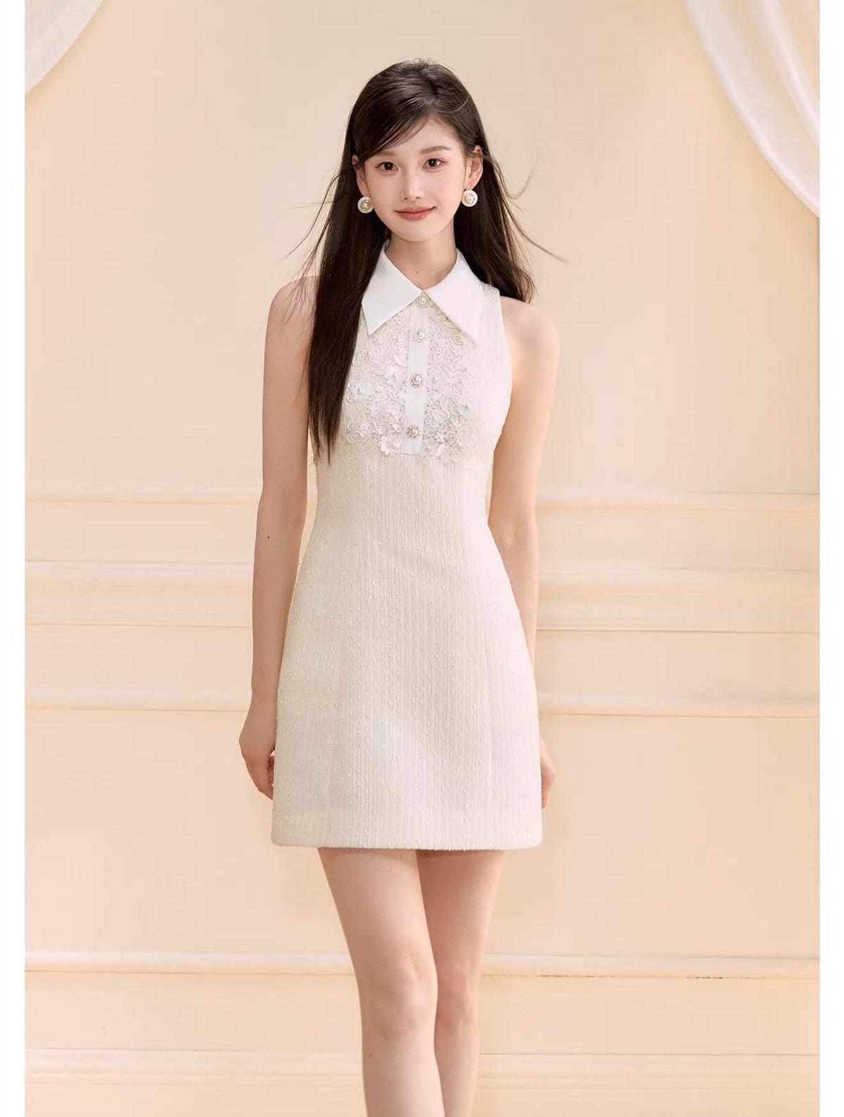 【dress】レースドッキングツイードミニワンピース  N3722