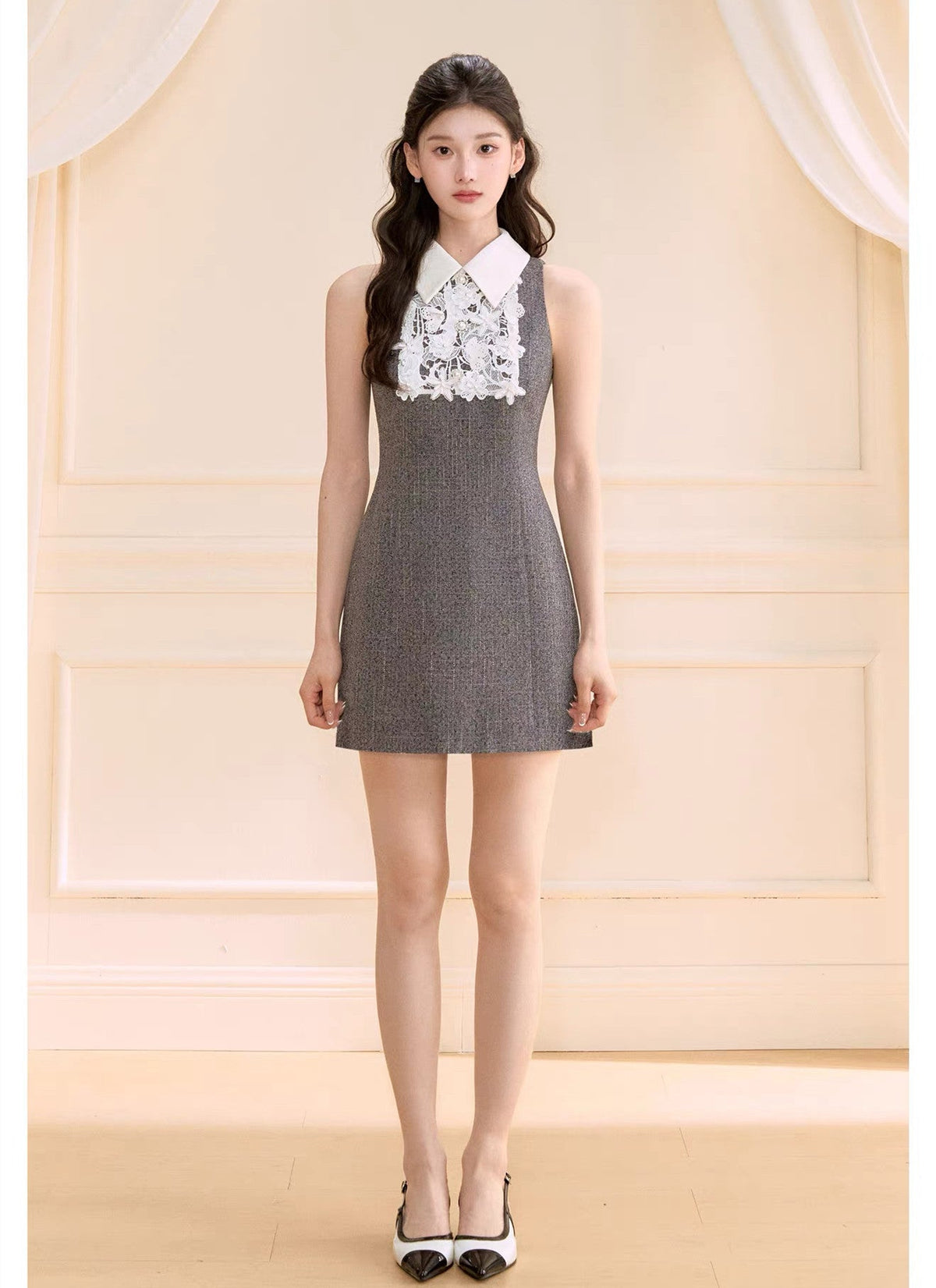 【dress】レースドッキングツイードミニワンピース  N3722