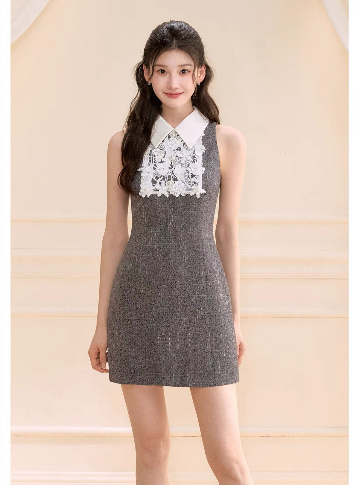 【dress】レースドッキングツイードミニワンピース  N3722