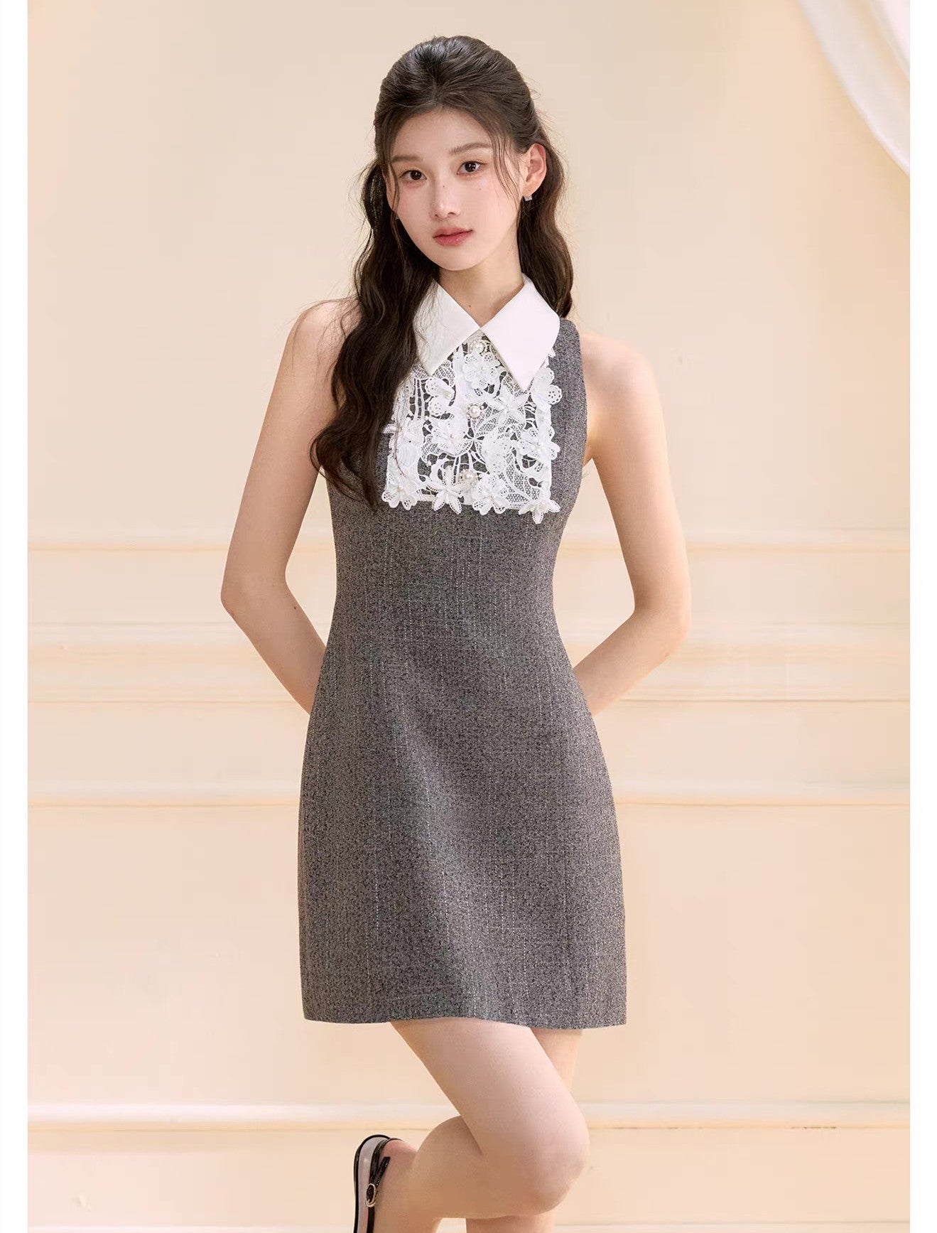 【dress】レースドッキングツイードミニワンピース  N3722