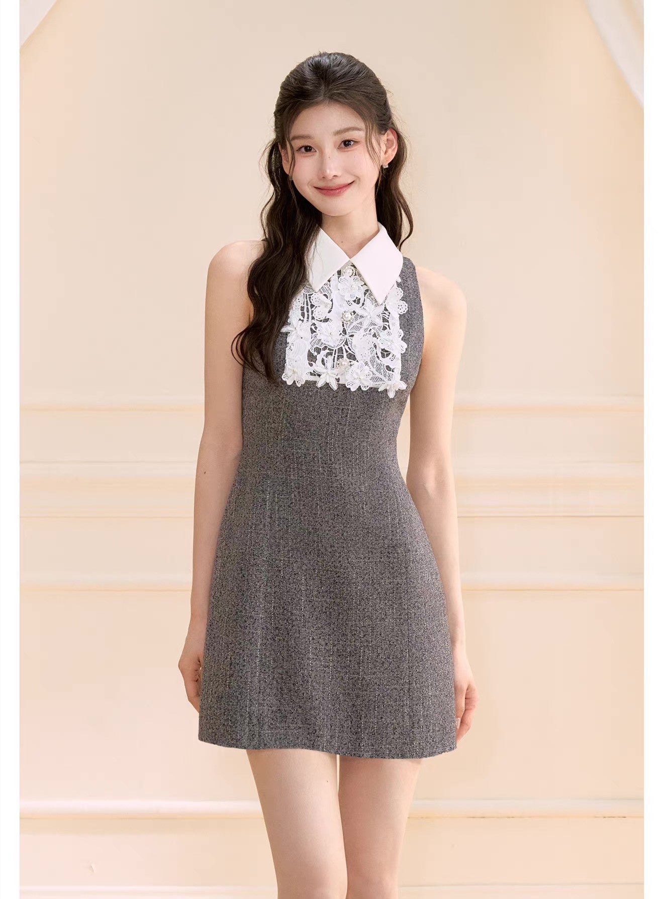 【dress】レースドッキングツイードミニワンピース  N3722