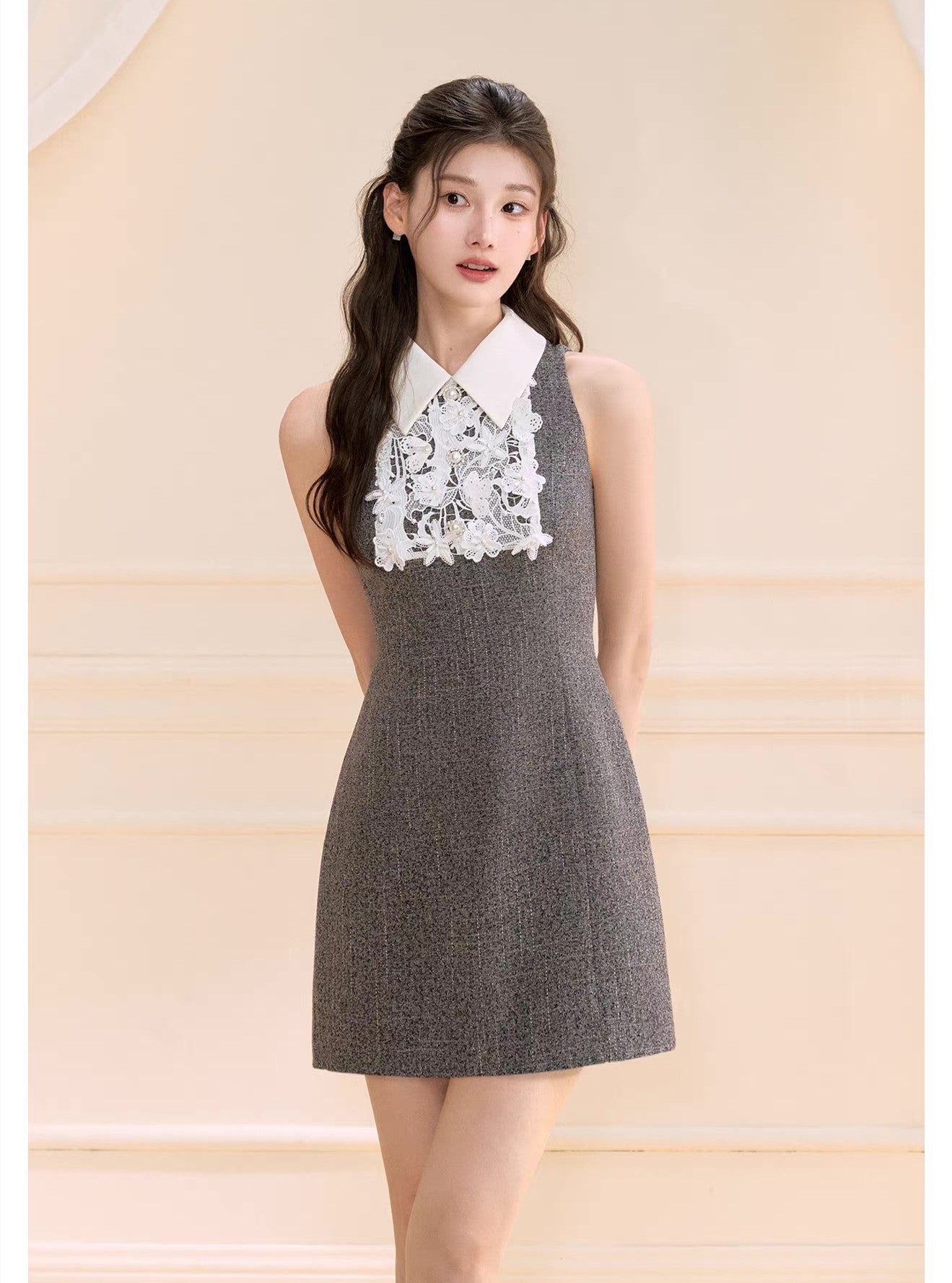 【dress】レースドッキングツイードミニワンピース  N3722