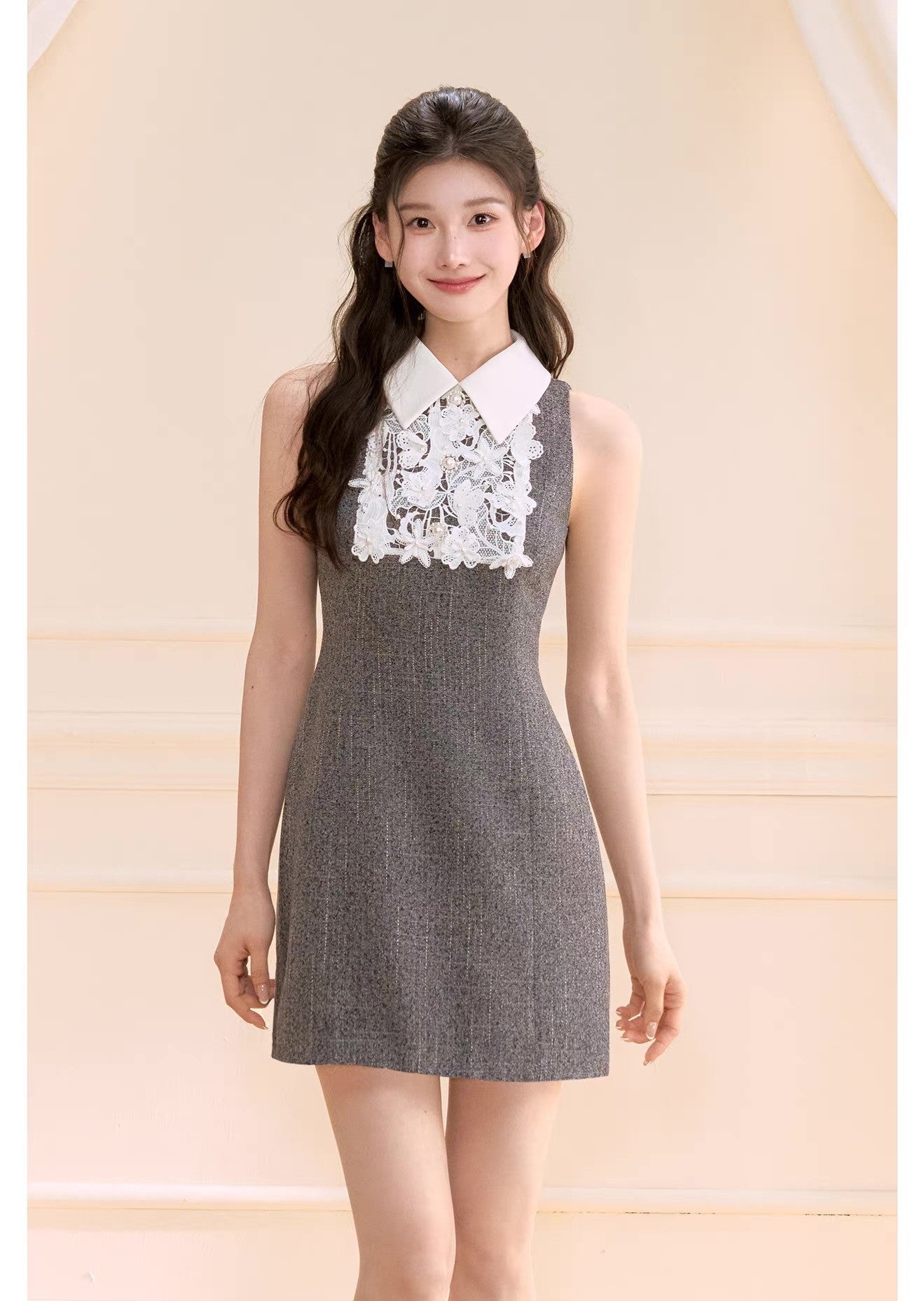 【dress】レースドッキングツイードミニワンピース  N3722