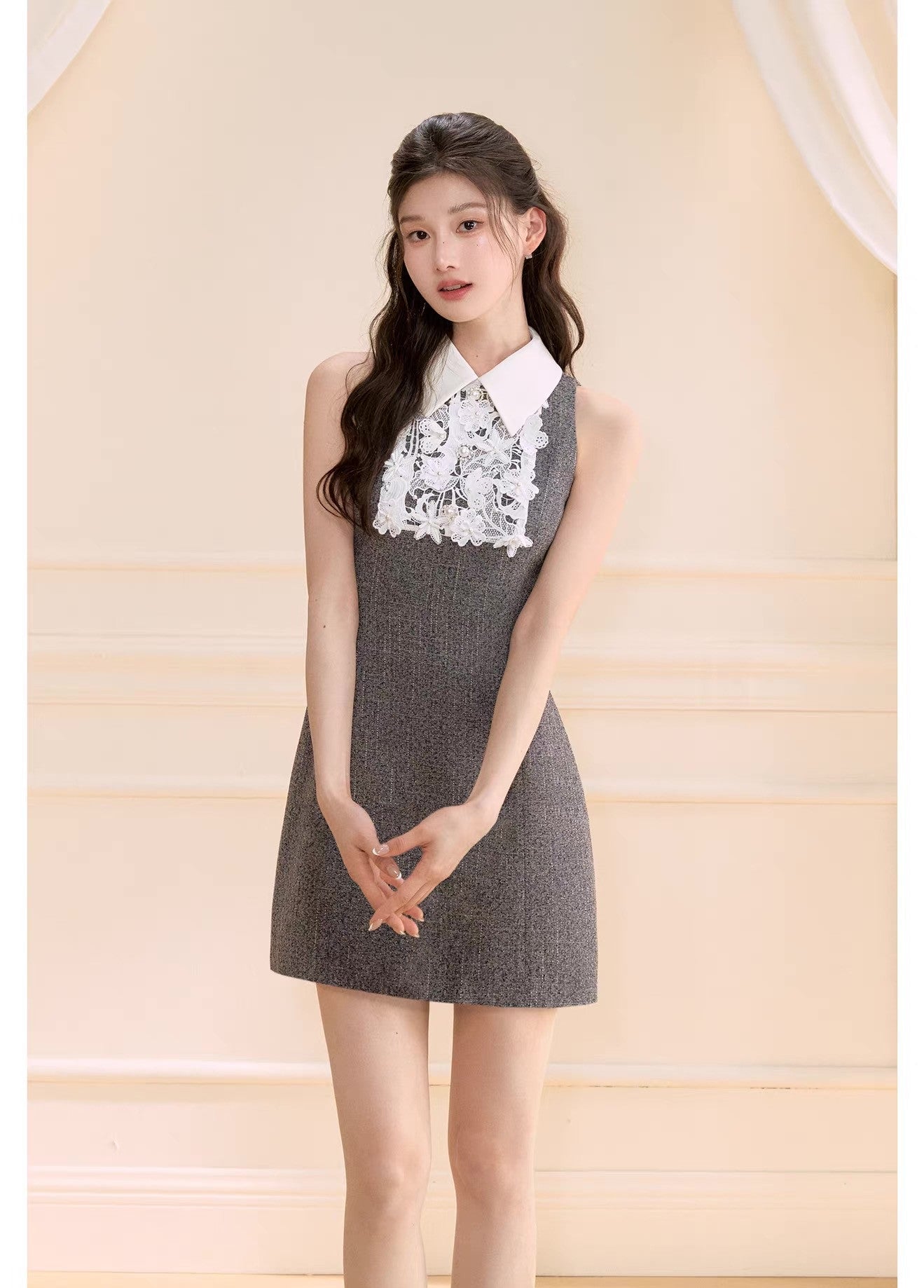 【dress】レースドッキングツイードミニワンピース  N3722
