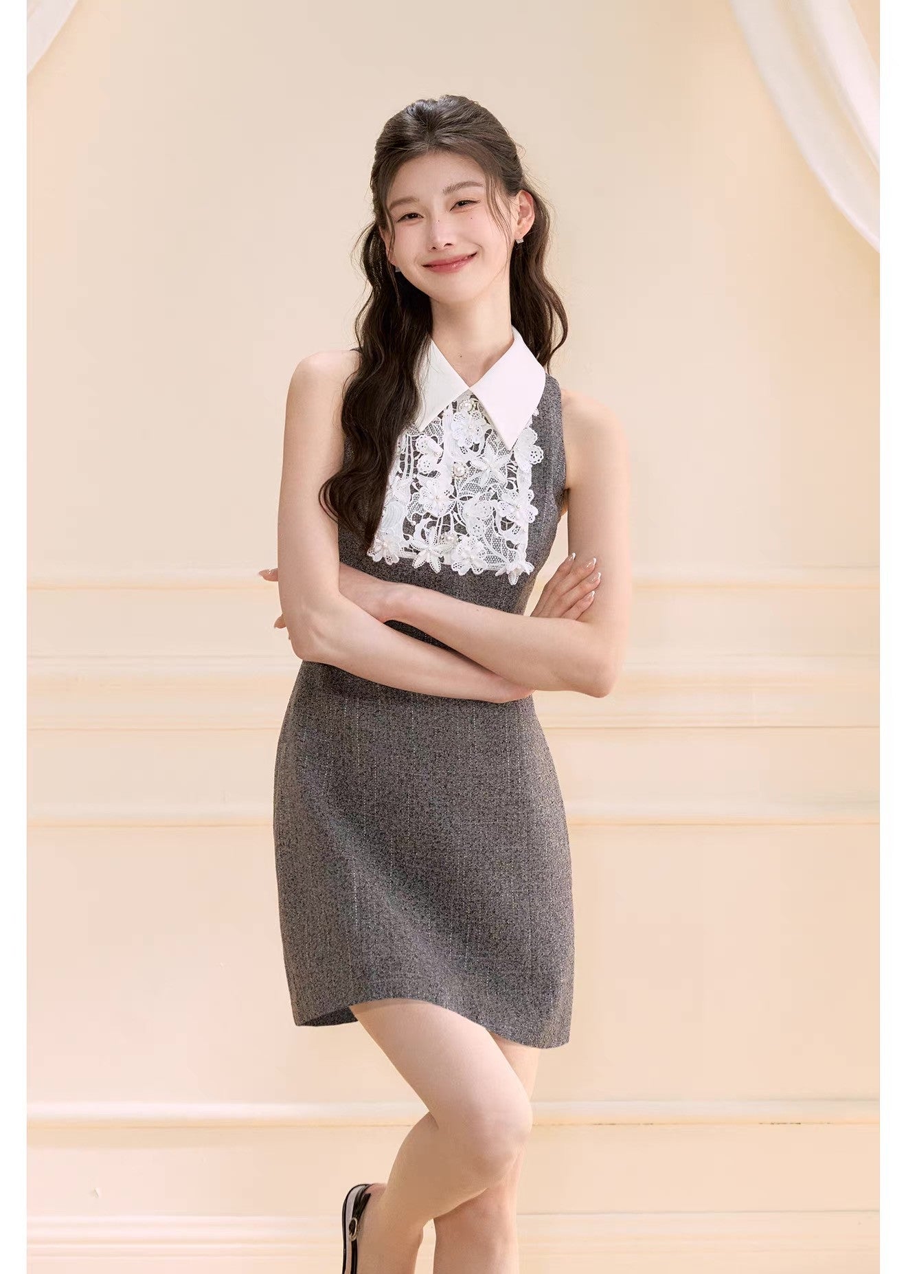 【dress】レースドッキングツイードミニワンピース  N3722