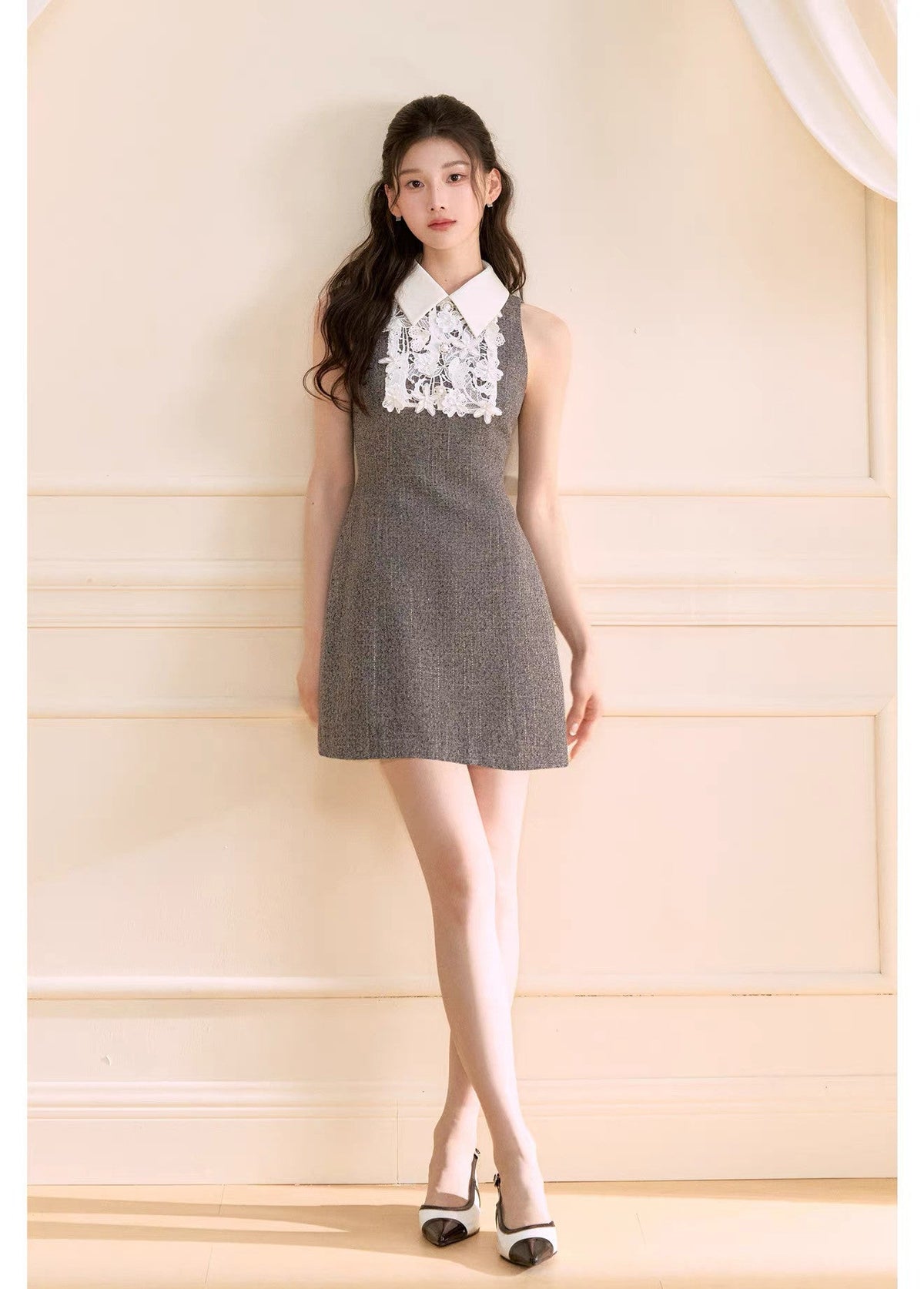 【dress】レースドッキングツイードミニワンピース  N3722