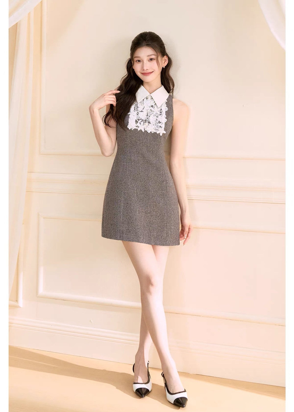 【dress】レースドッキングツイードミニワンピース  N3722