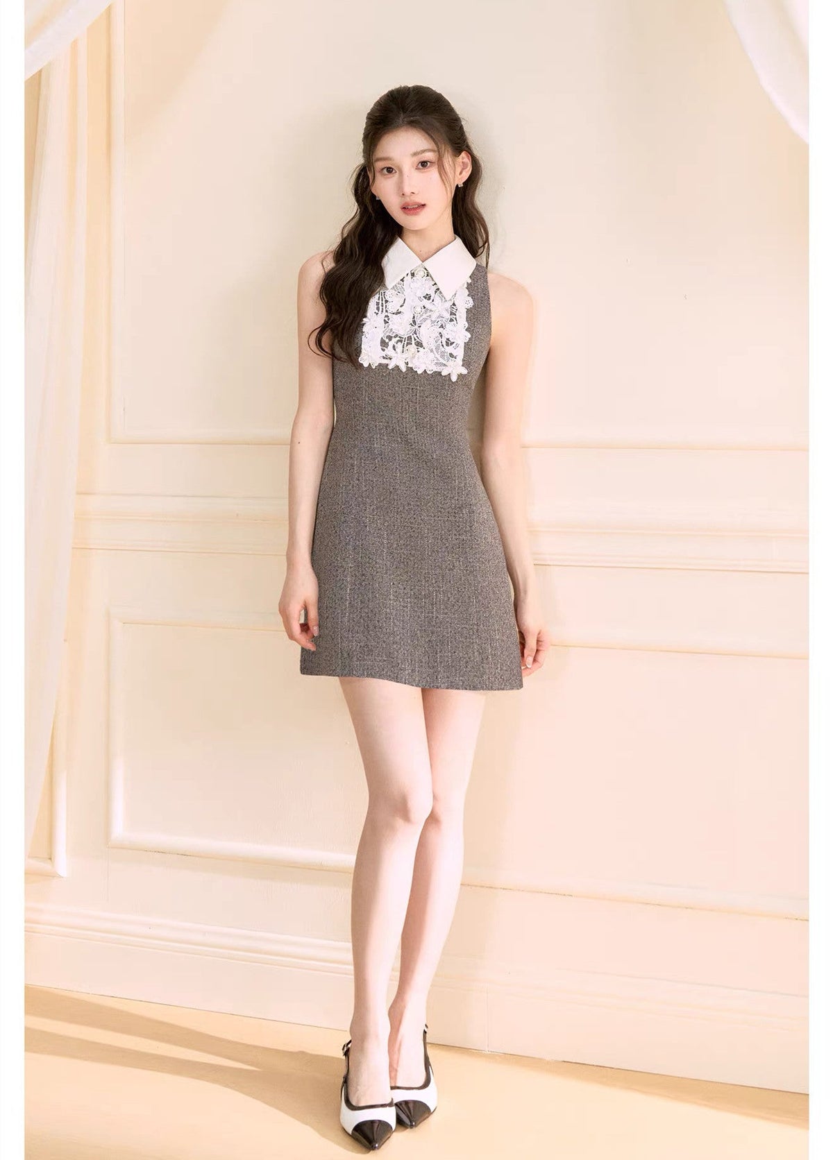 【dress】レースドッキングツイードミニワンピース  N3722