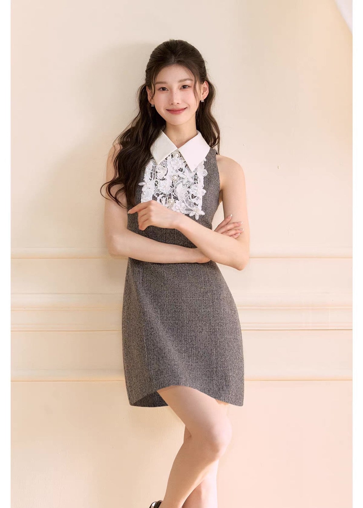 【dress】レースドッキングツイードミニワンピース  N3722