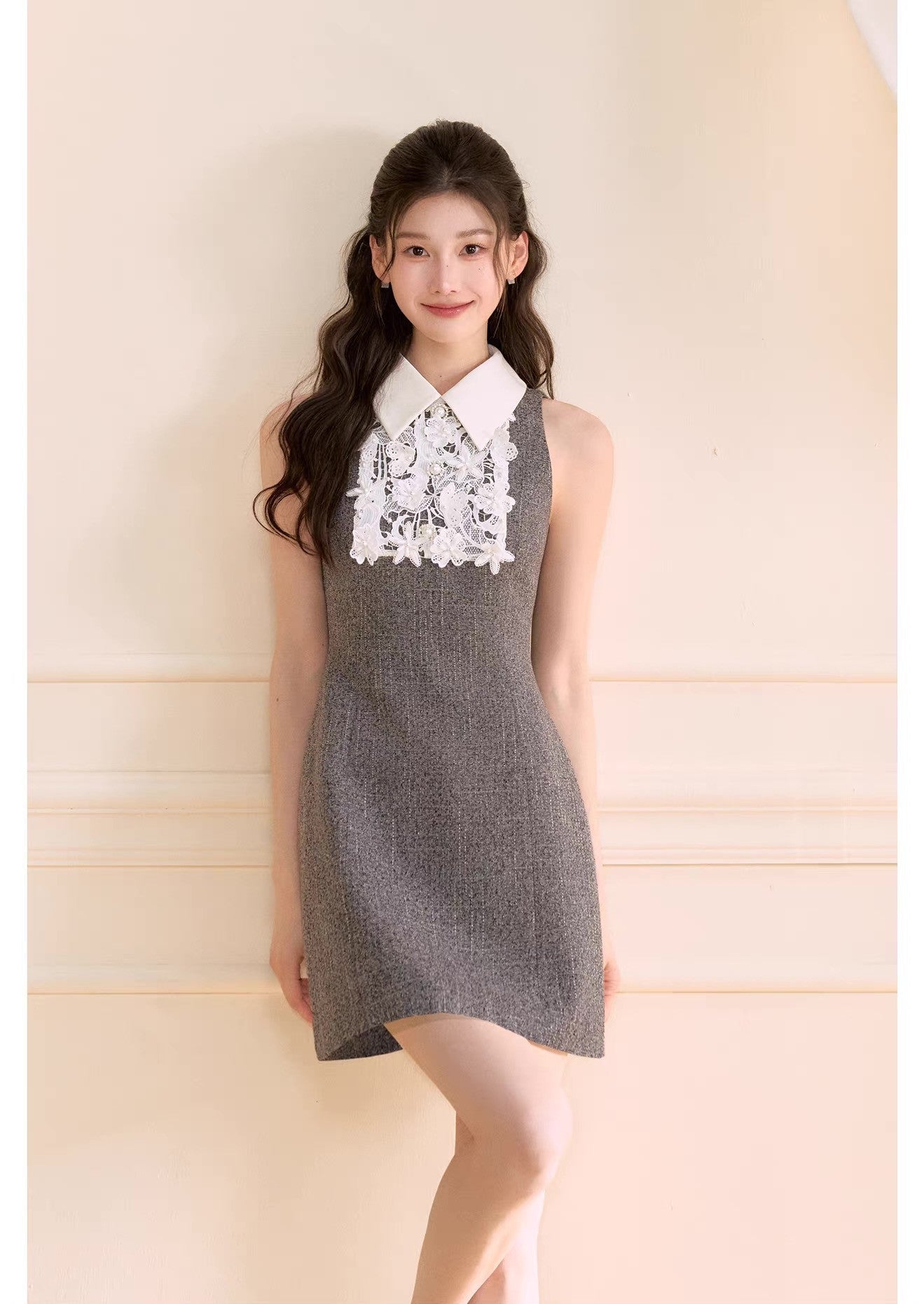 【dress】レースドッキングツイードミニワンピース  N3722