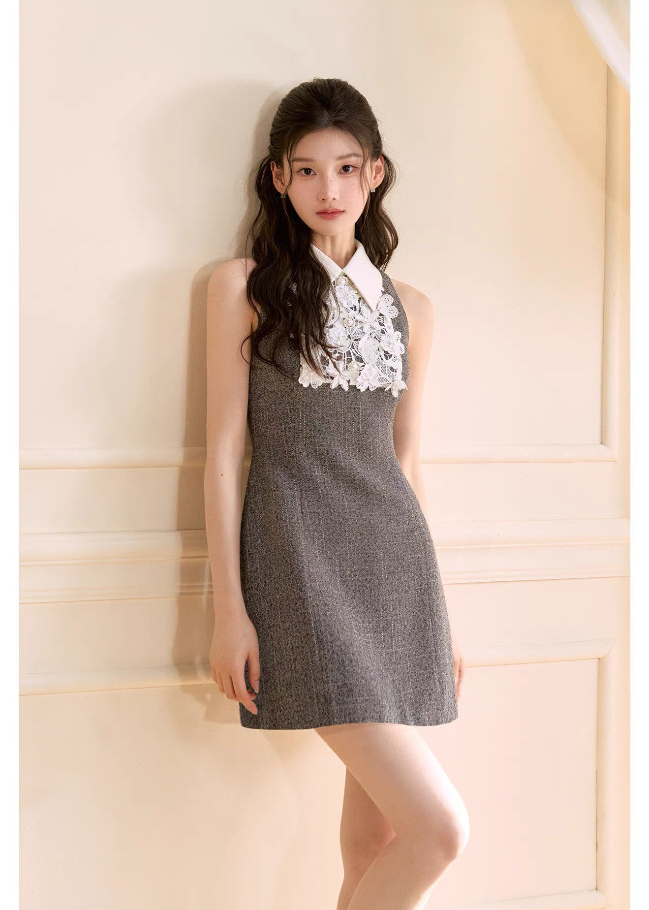 【dress】レースドッキングツイードミニワンピース  N3722