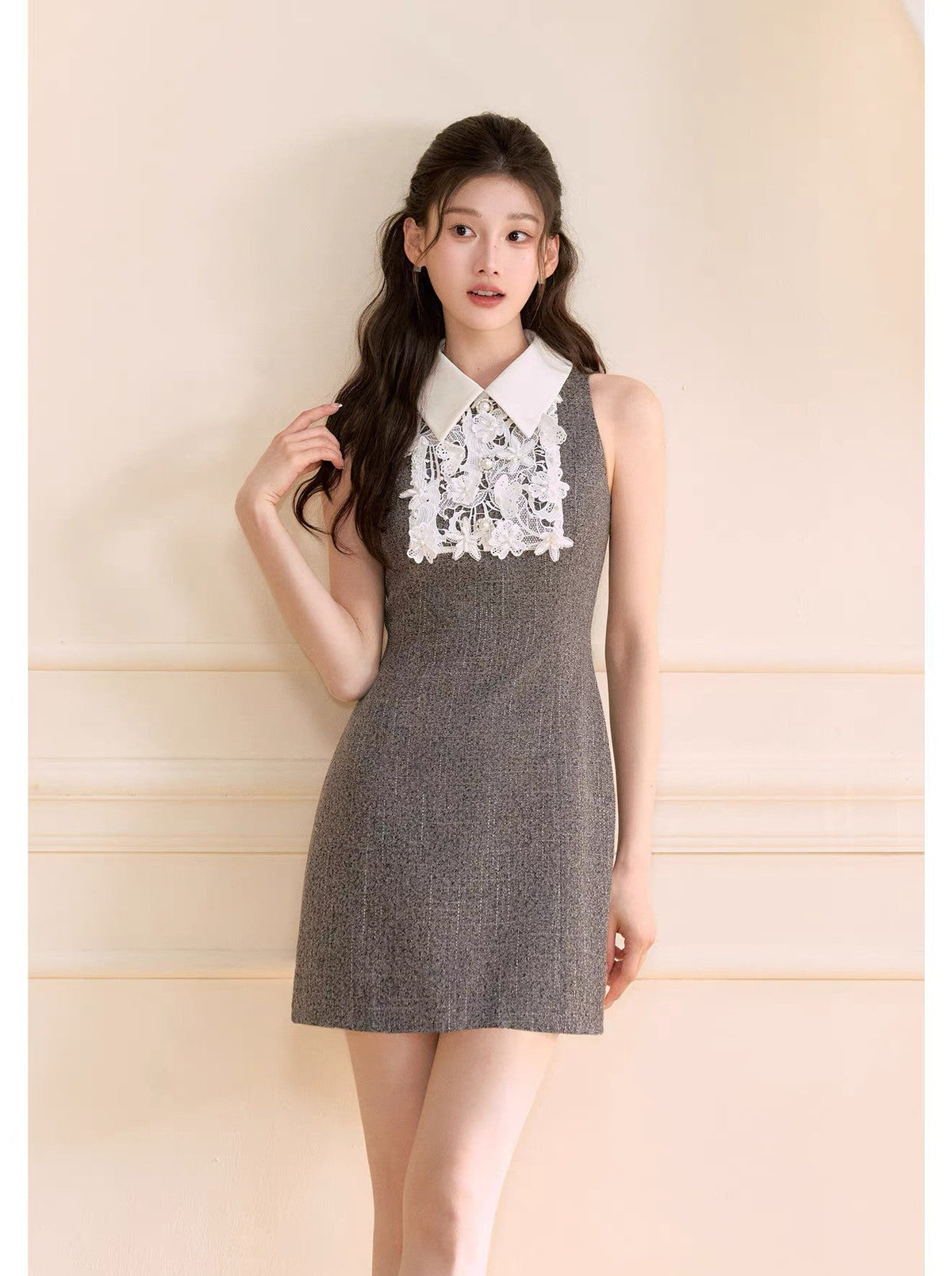 【dress】レースドッキングツイードミニワンピース  N3722