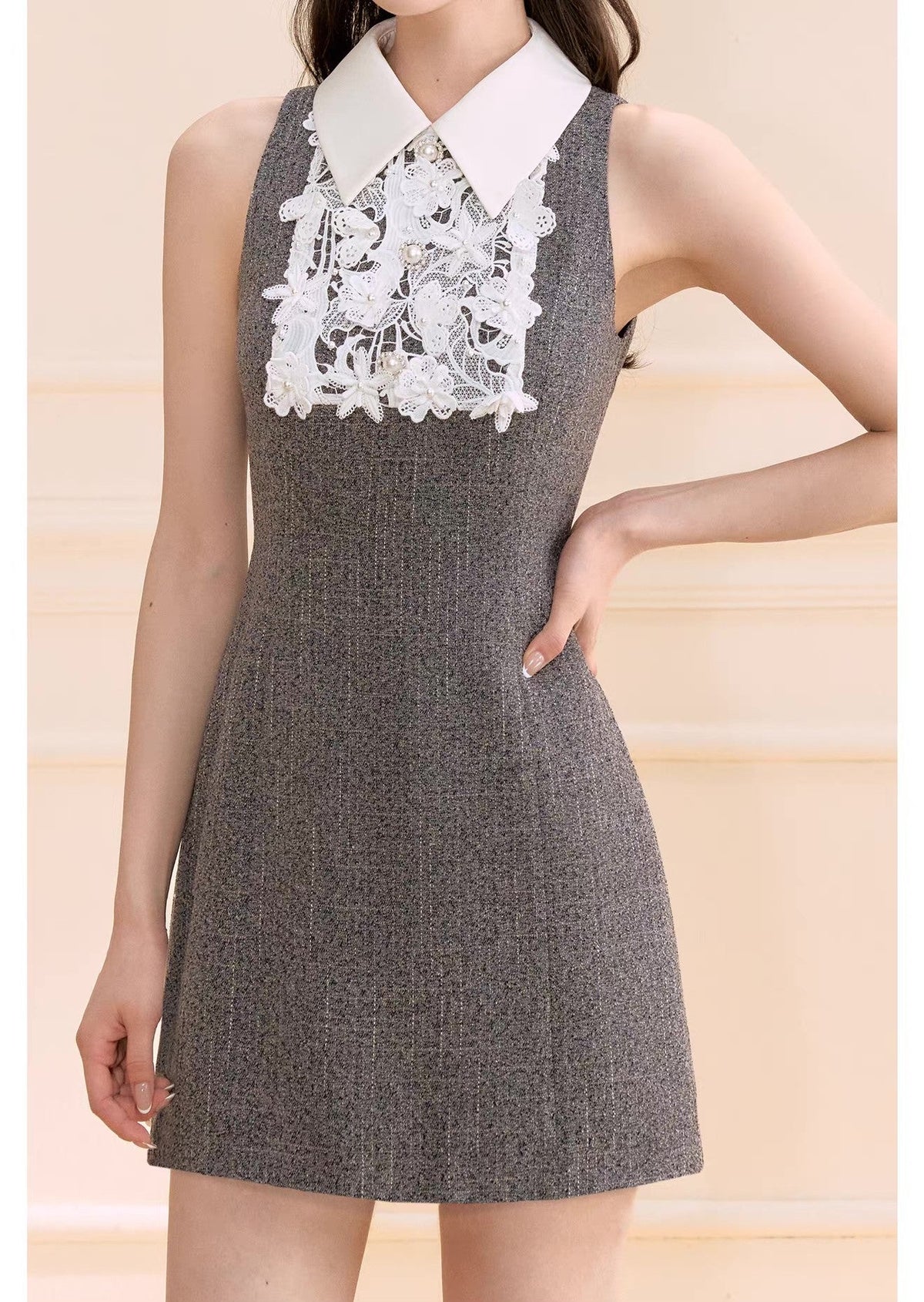 【dress】レースドッキングツイードミニワンピース  N3722