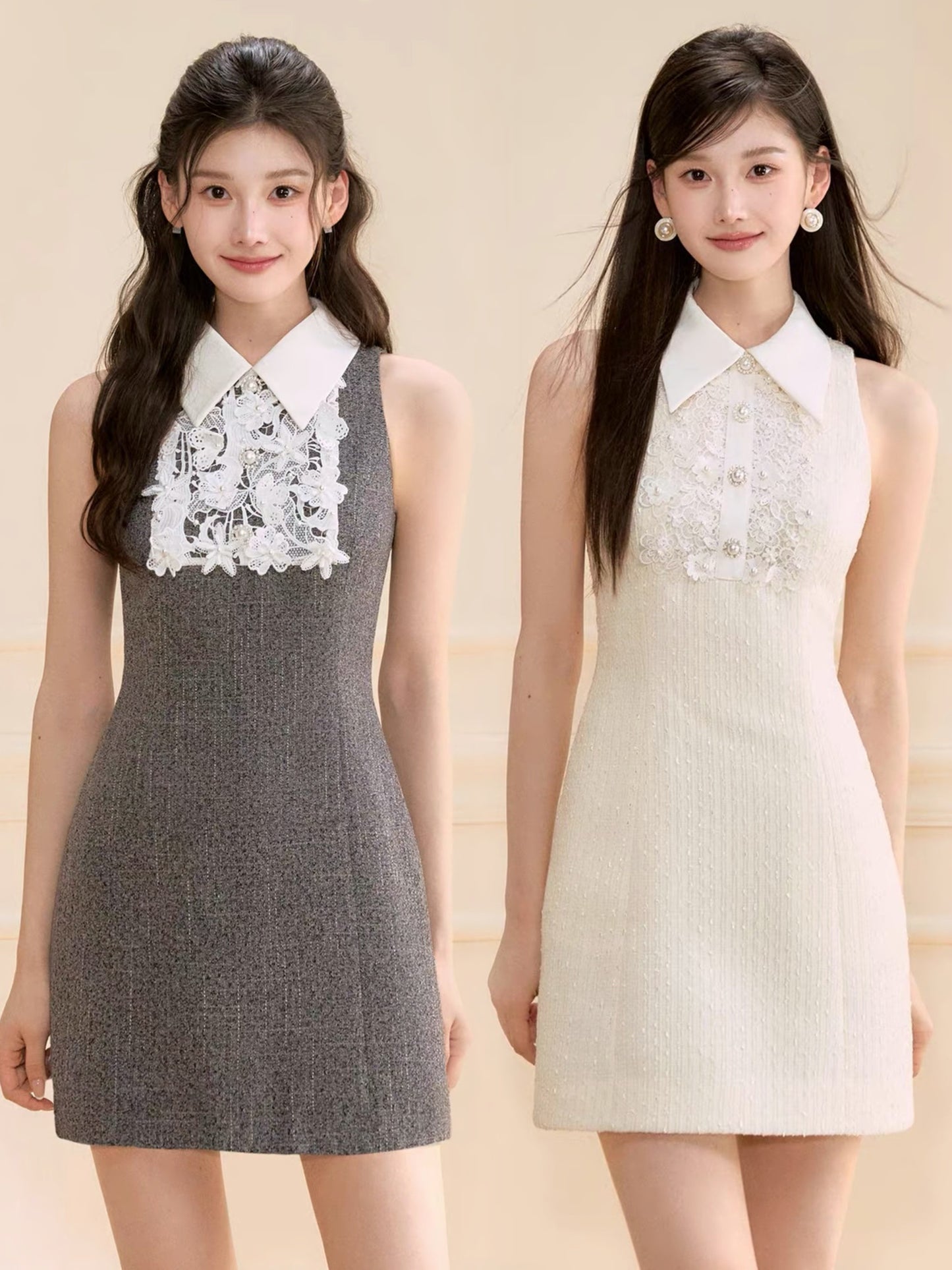 【dress】レースドッキングツイードミニワンピース  N3722