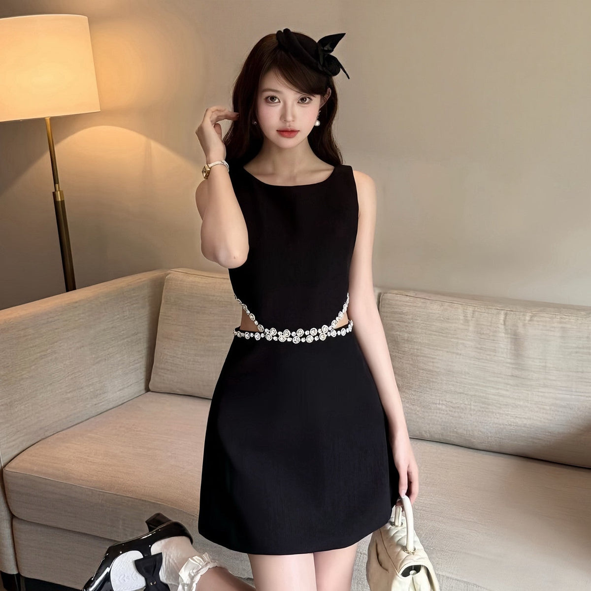 【dress】ウエストカットビジュー付きミニワンピース  N3724