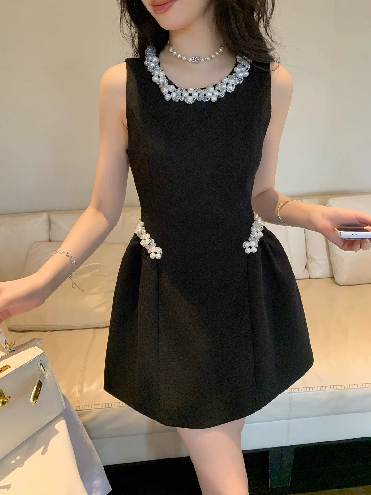 【dress】パール付きフレアミニワンピース  N3723