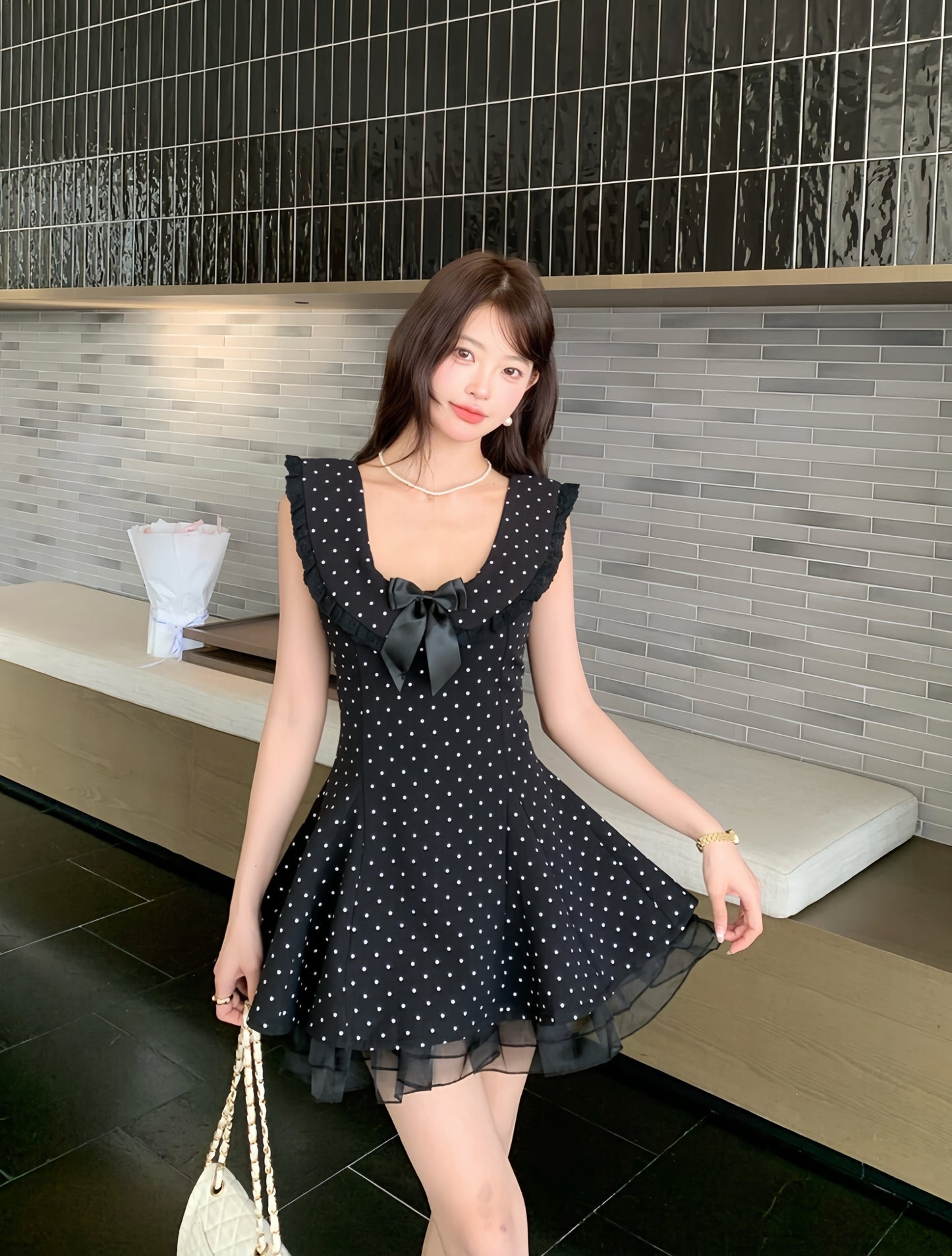 【dress】フリルドッキングドットミニワンピース　K0623