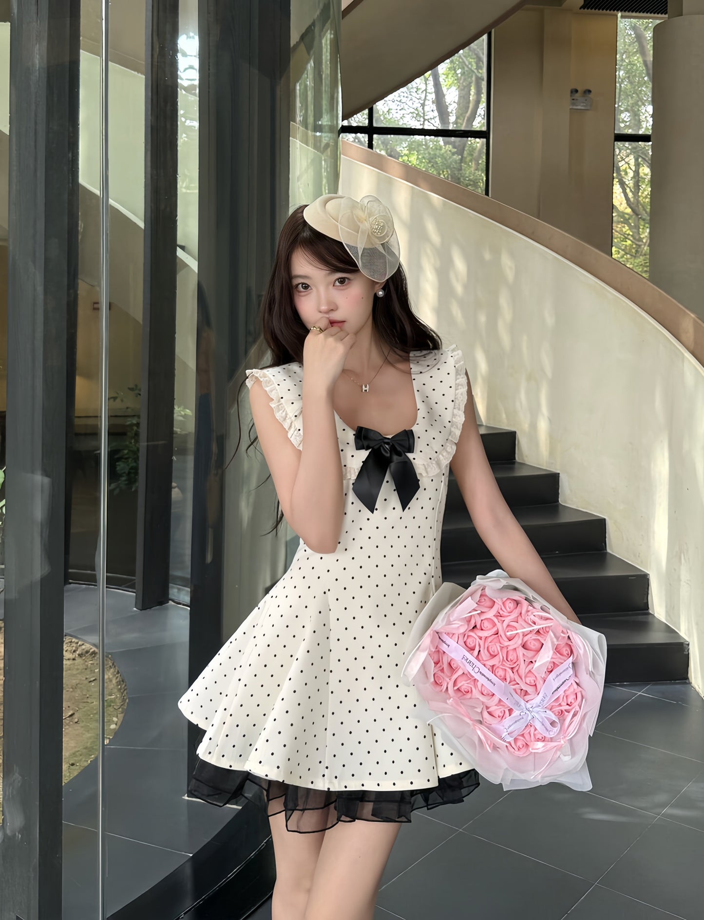 【dress】フリルドッキングドットミニワンピース　K0623