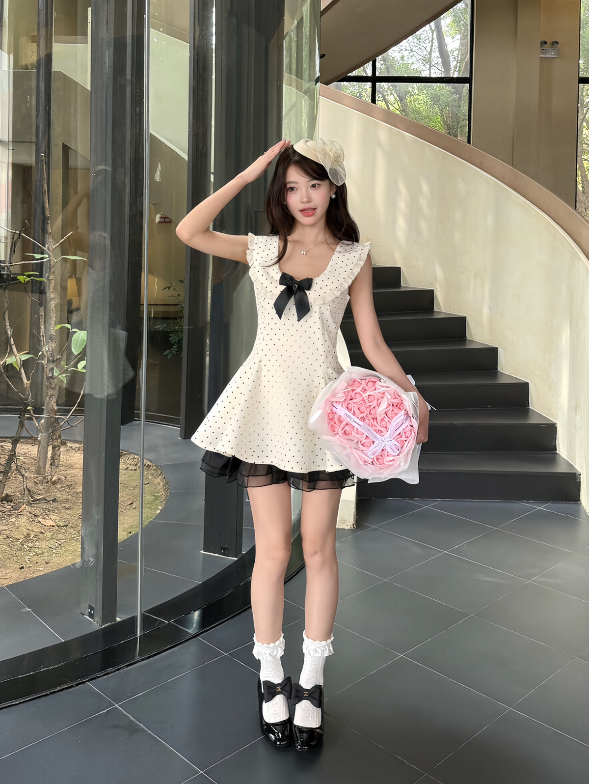 【dress】フリルドッキングドットミニワンピース　K0623