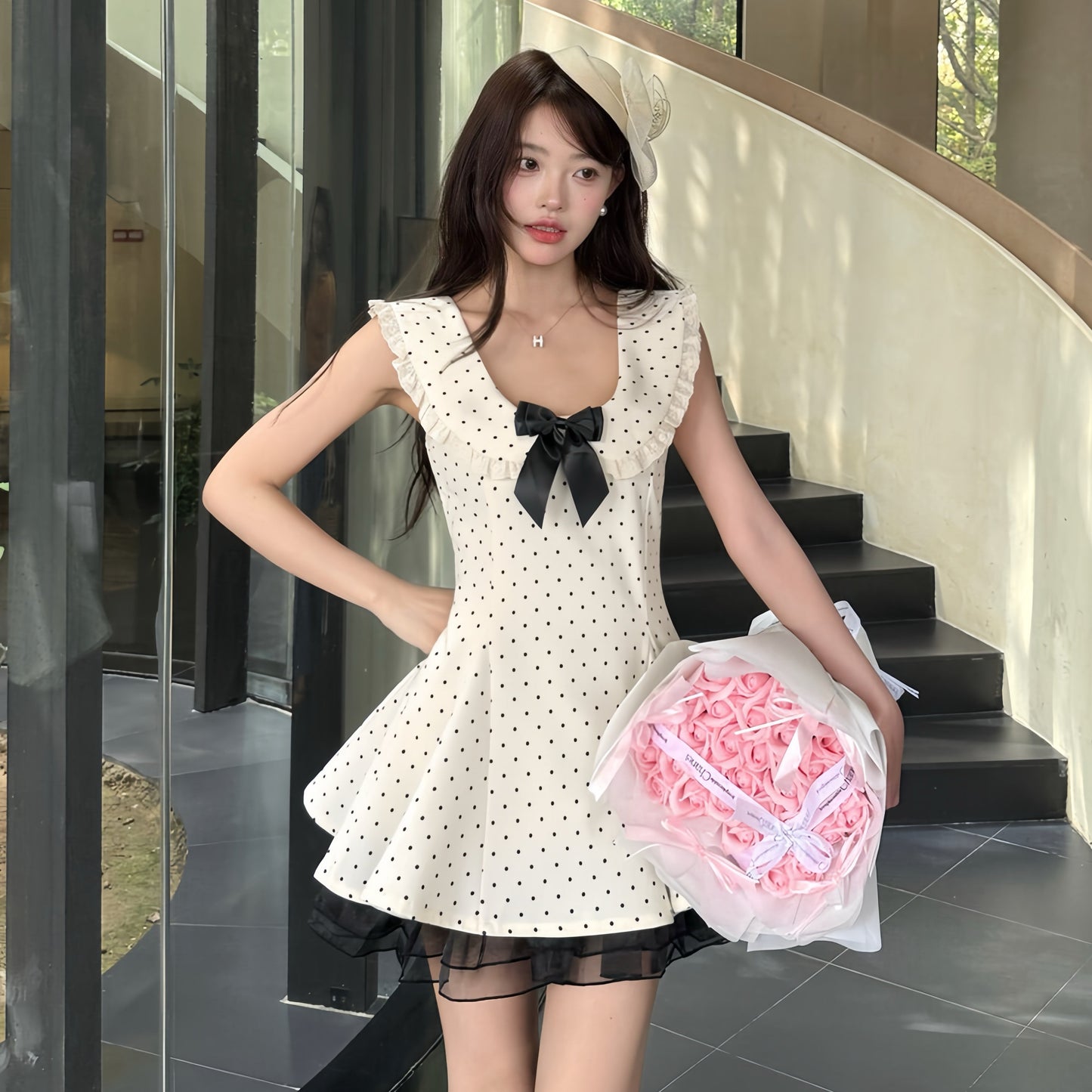 【dress】フリルドッキングドットミニワンピース　K0623