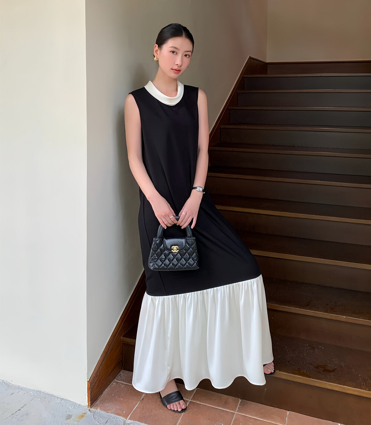 【dress】ドッキングノースリーブロングワンピース  N3728