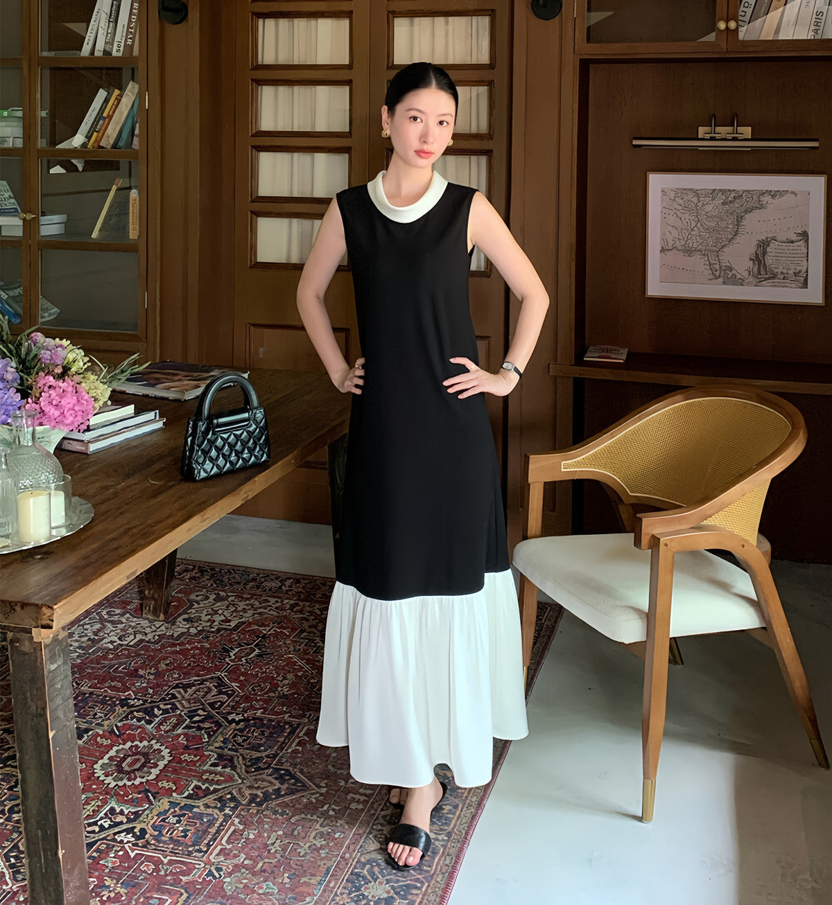 【dress】ドッキングノースリーブロングワンピース  N3728