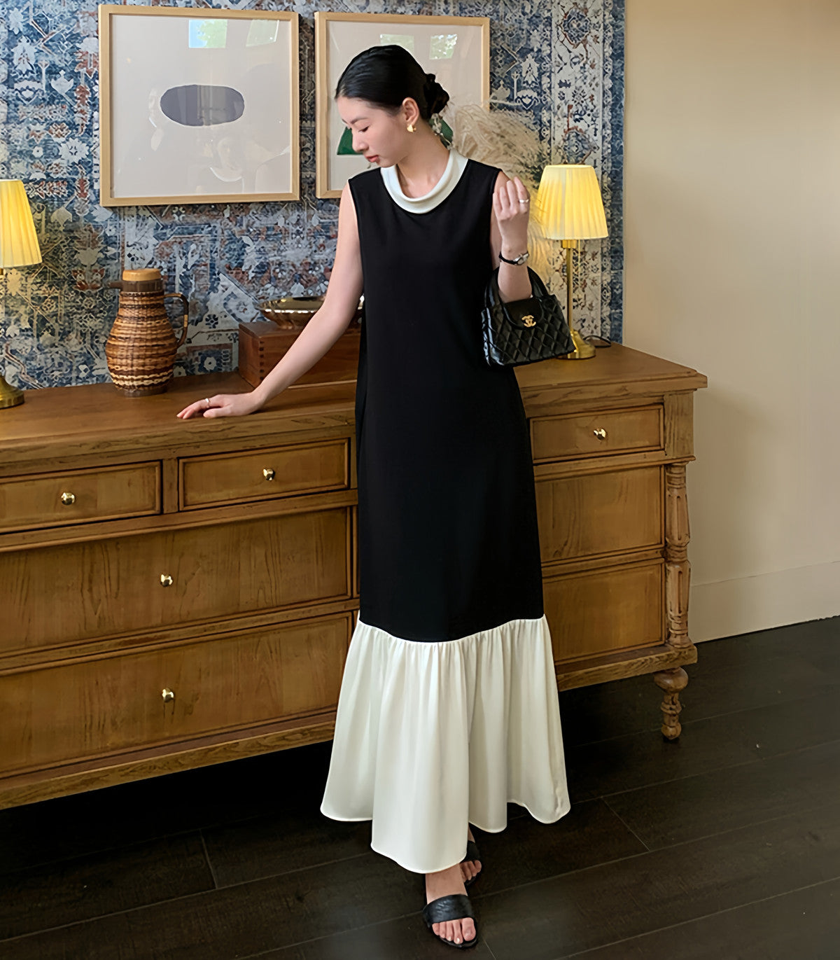 【dress】ドッキングノースリーブロングワンピース  N3728