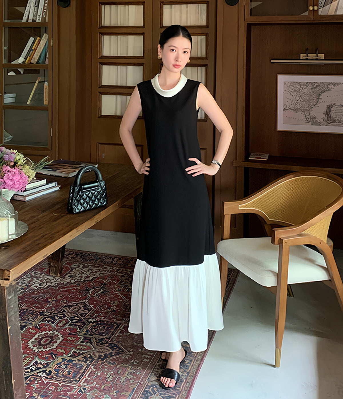 【dress】ドッキングノースリーブロングワンピース  N3728
