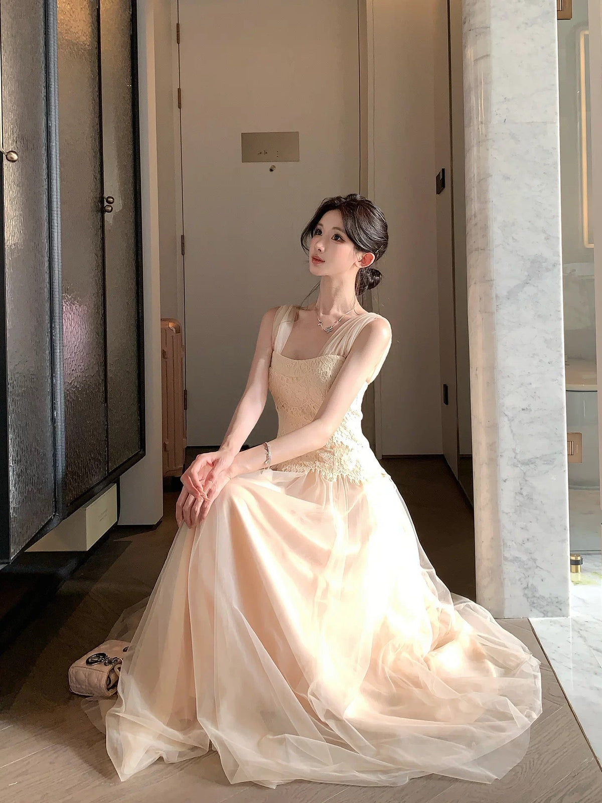 【dress】レースチュールドッキングロングワンピース  N3731